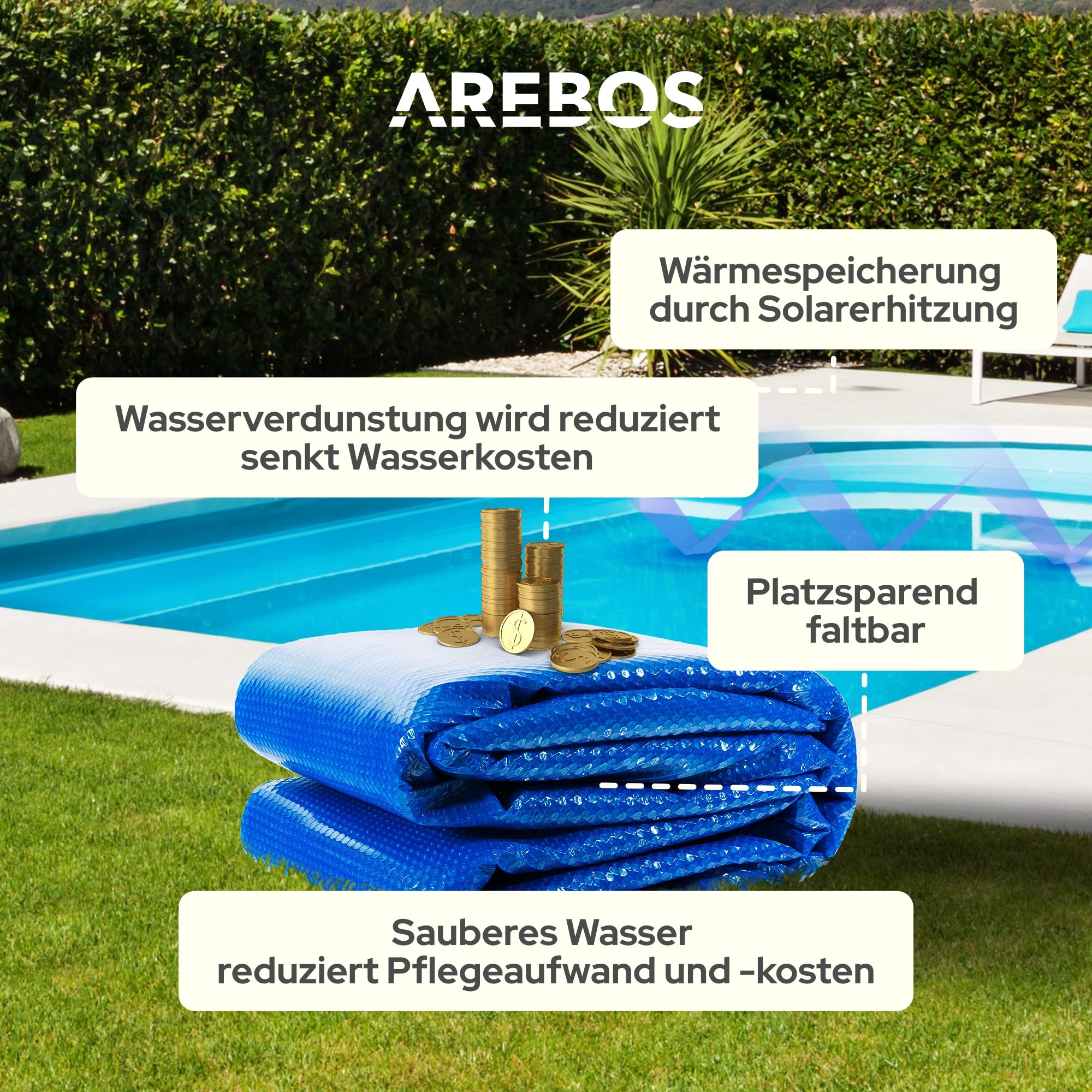 Arebos Solarabdeckplane eckig 5,49 x 2,74 m Blau 120 µm zuschneidbar Poolheizung