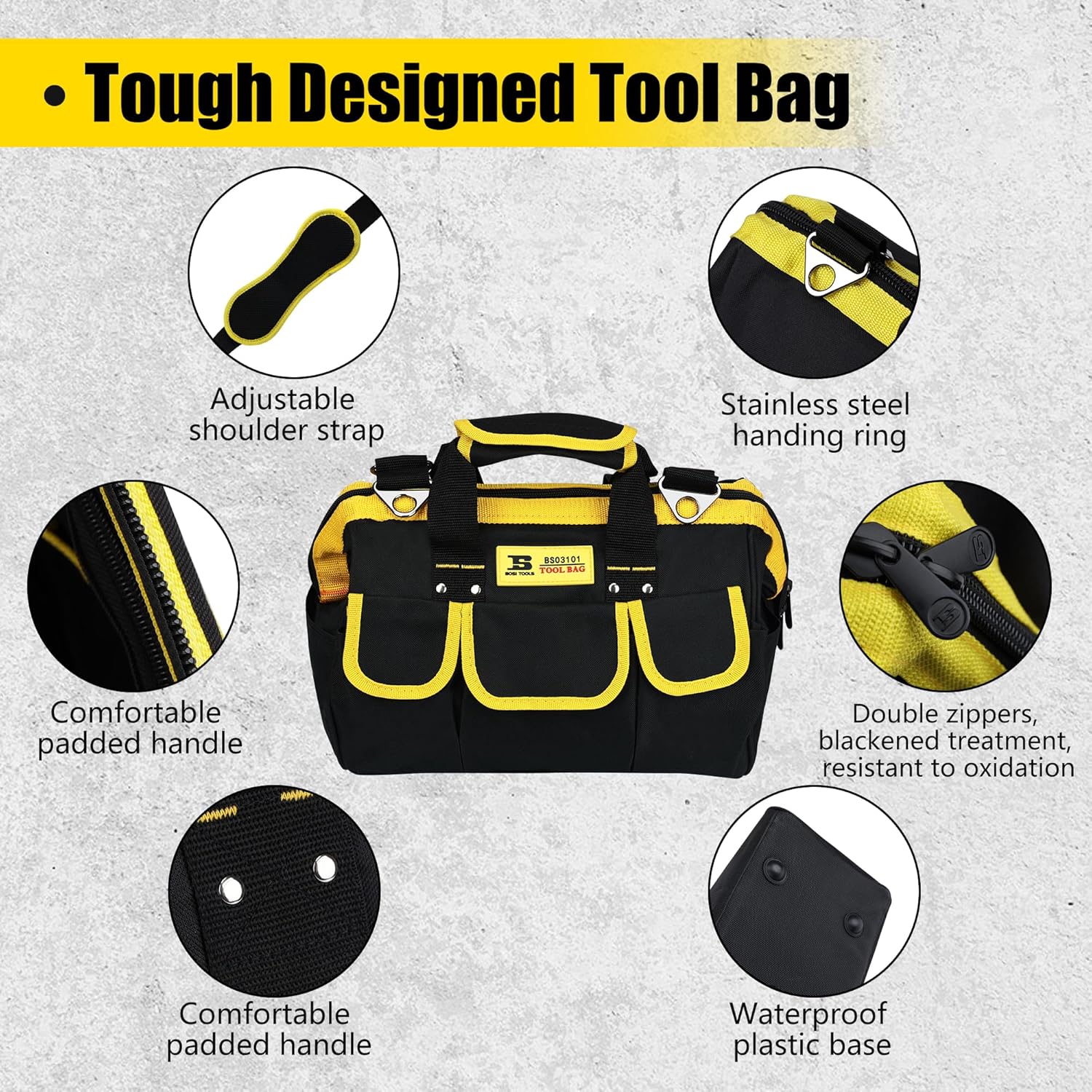 13in Tool Bags with Waterproof Soft Bottom, Multi-Pockets Wide Mouth Tool Tote with Safety Reflective Straps, Adjustable Shoulder Strap 13-inch