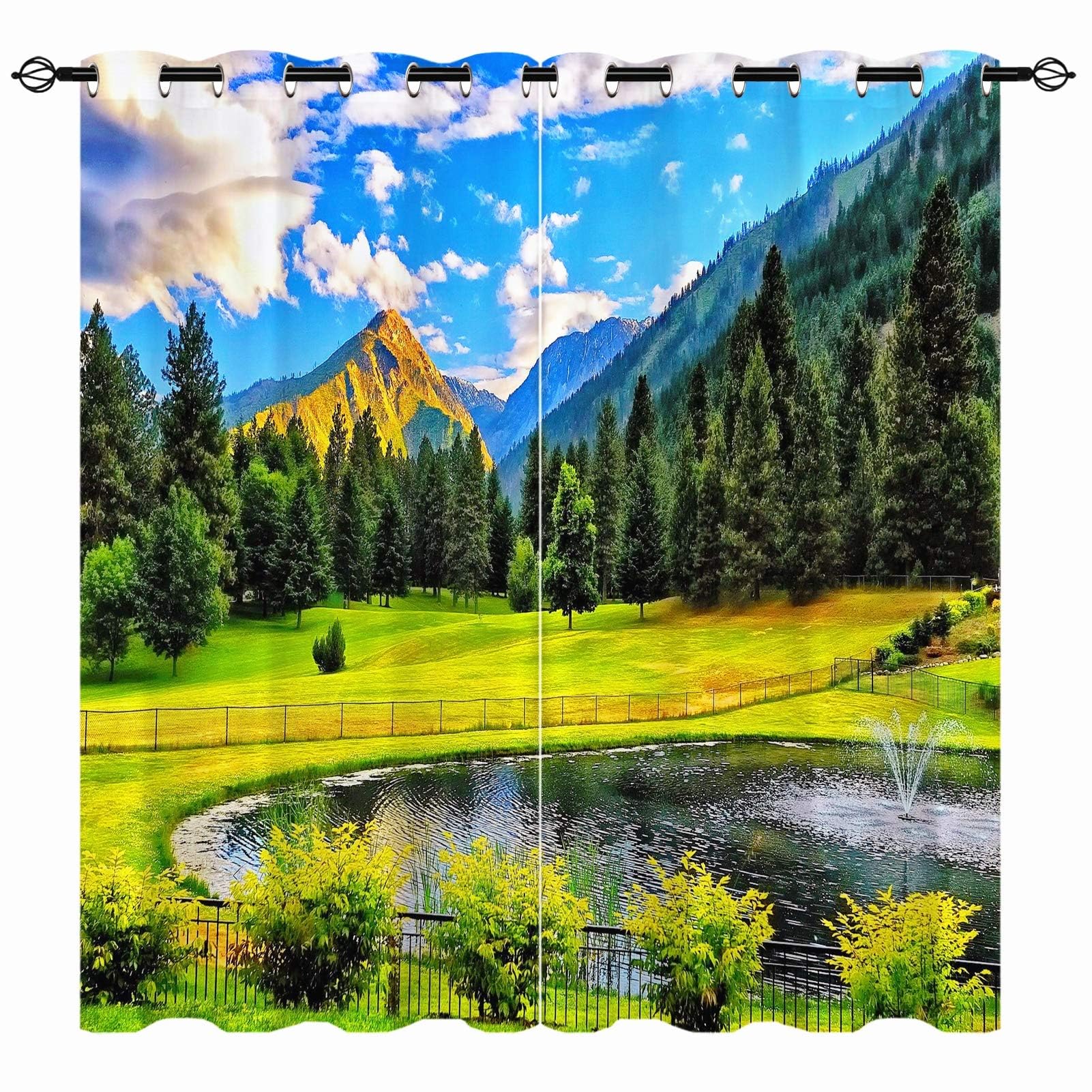 YUANZU Landscape Curtains - Spring Nature Forest Woodland Mountain Lake Scenery Print Pattern Eyelet Blackout Thermal Room Darkening Window Drapes for Bedroom Living Room 2 Panels W140cm x D245cm โ image 1