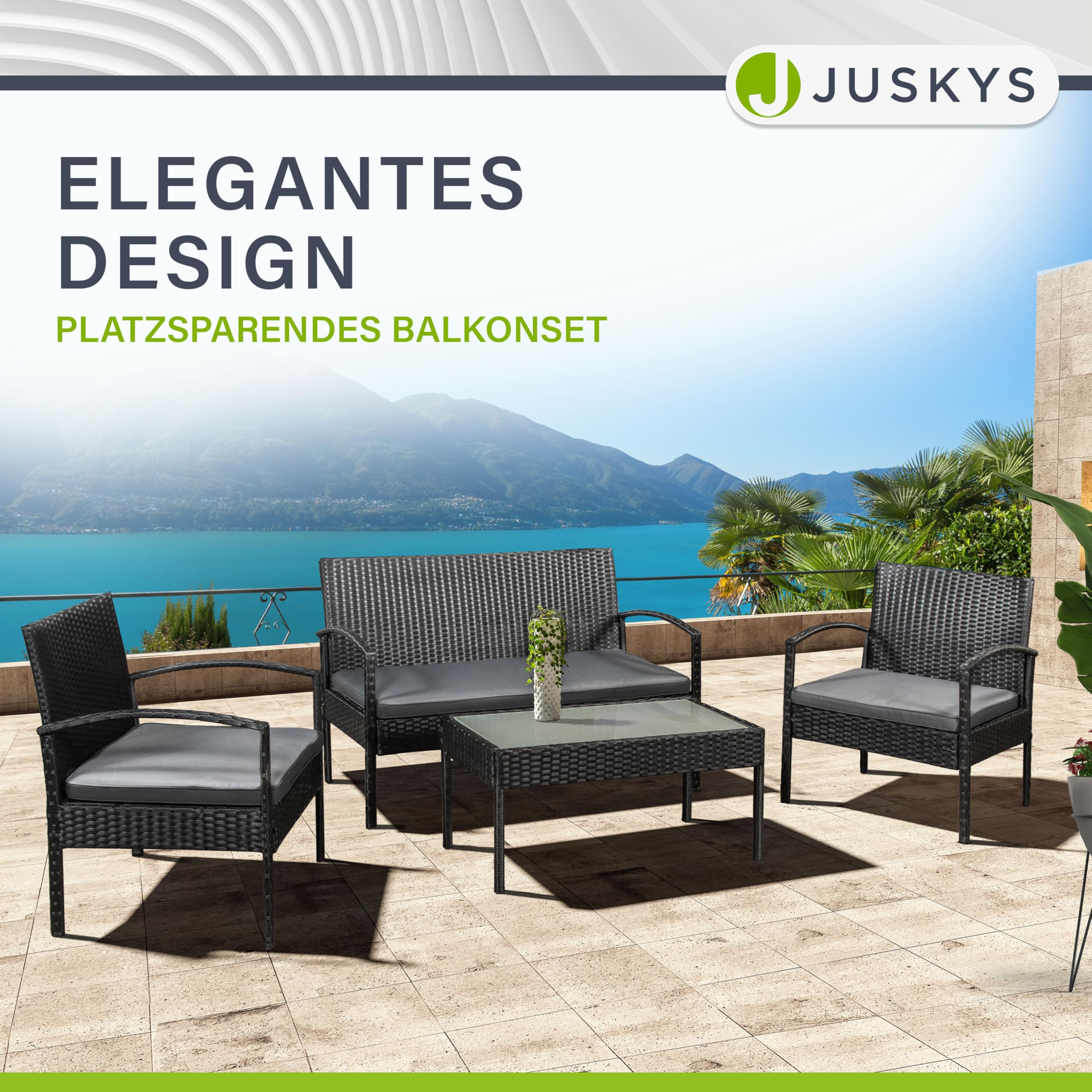 Juskys Polyrattan Gartenmöbel Set Trinidad mit Tisch, Sofa & 2 Stühlen - 4 Personen - Sitzkissen grau - Balkonmöbel Sitzgruppe Balkonset Garten Balkon