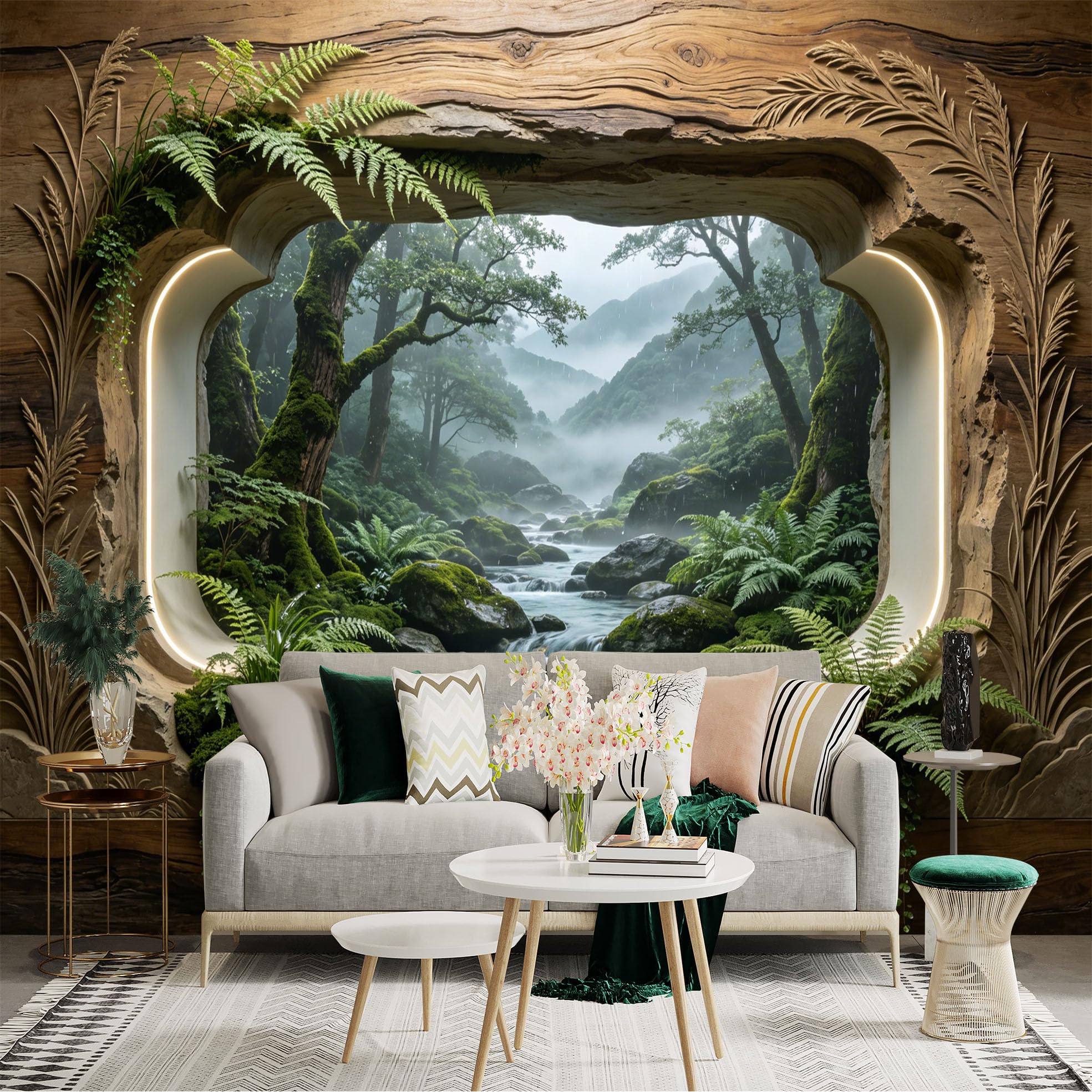 Custom Size Wall Sticker Mural， Misty Forest Stream with Moss Rocks and Green Ferns， for wall Decoration， peelandstick wall Decals.