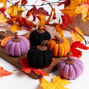 5 Pcs Mini Knitted Pumpkin Decor Set, Black, Orange and Purple, Halloween Thanksgiving Fall Decorations, Cute Knit Ornaments for Home, Party