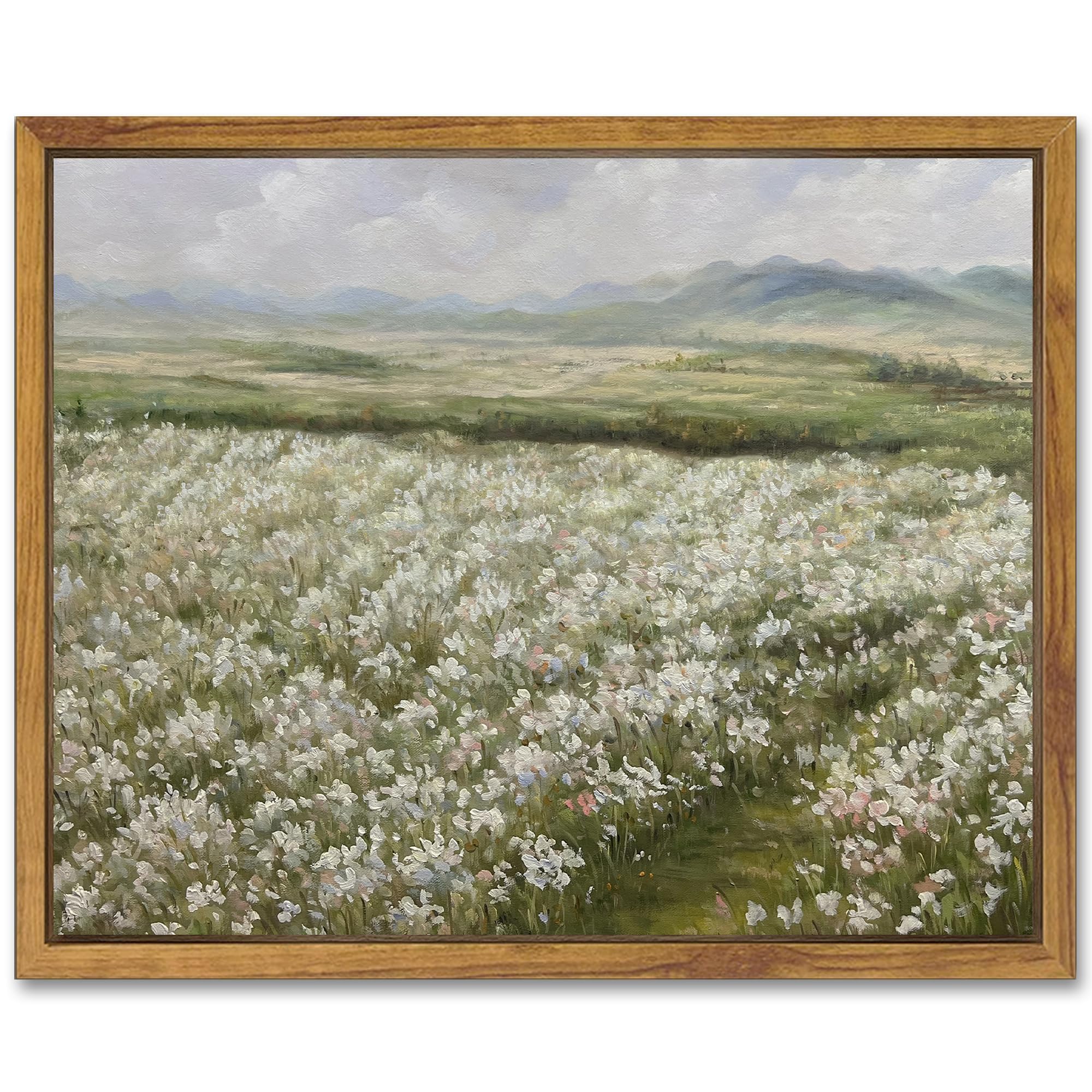 SHENIFY Vintage Landscape Framed Canvas Wall Art Countryside Flower Field Classic Paintings Farmhouse Kitchen Office Decor - 8x10in Natural Framed