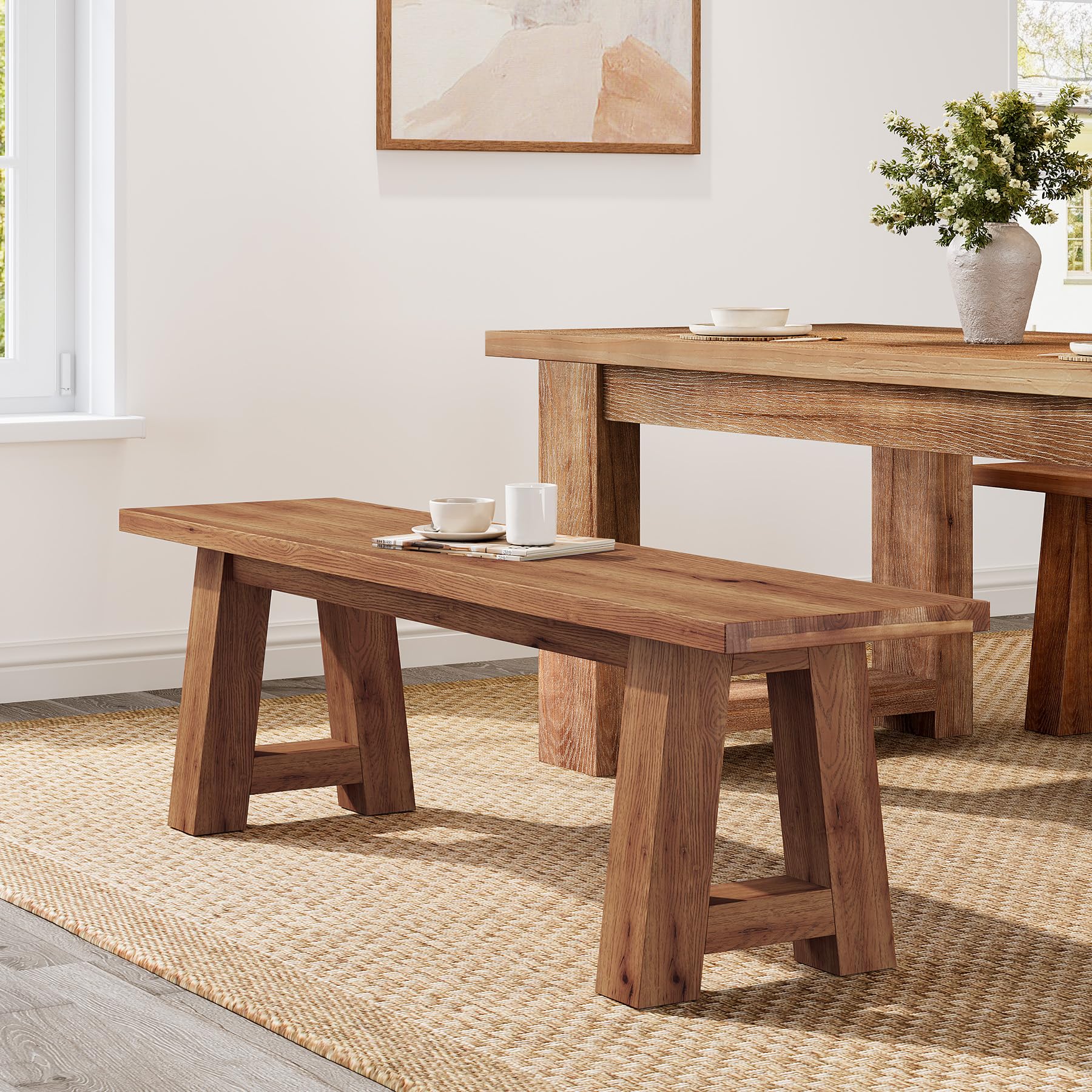 Solid Wood Dining Bench with A-Shaped Legs | 55.12-Inch Farmhouse Entryway Bench Indoor for Hallway, Kitchen, Dining Room, Living Room (Brown)