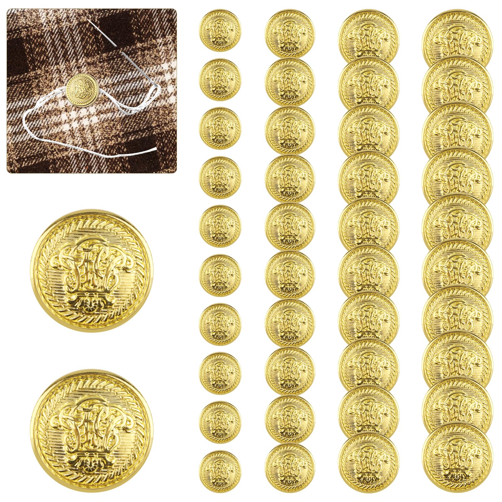 40PCS 4 Size Gold Buttons for Women & Men Gold Button for Blazer Buttons for Sewing Metal Button for Clothes Suits, Jacket, Jeans, Sport Coat(15/18/21/25MM)