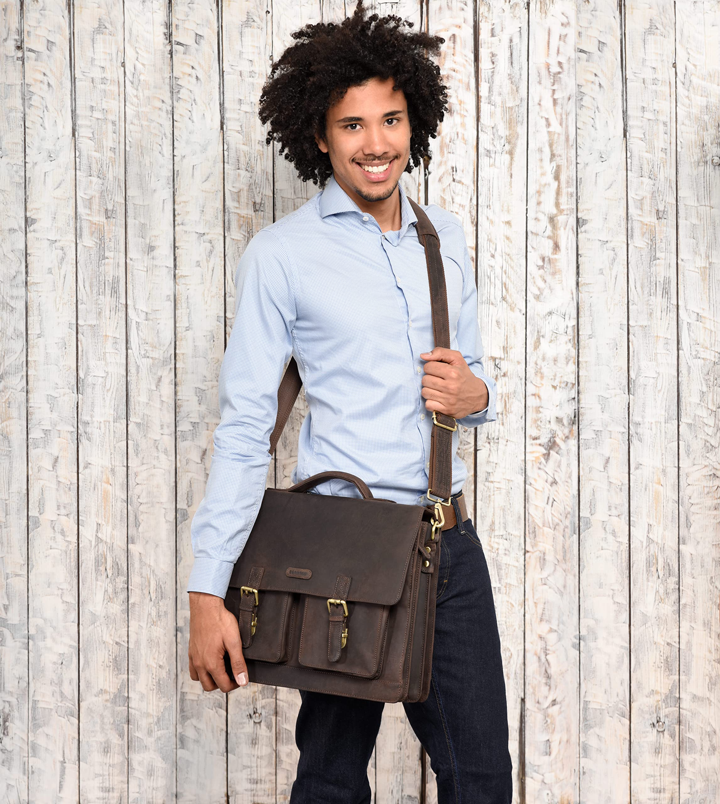 LEABAGS Borsa documenti per uomo e donna | Custodia per laptop in vera pelle 15" | Borsa a tracolla con tracolla | Borsa messenger | Borsa da lavoro