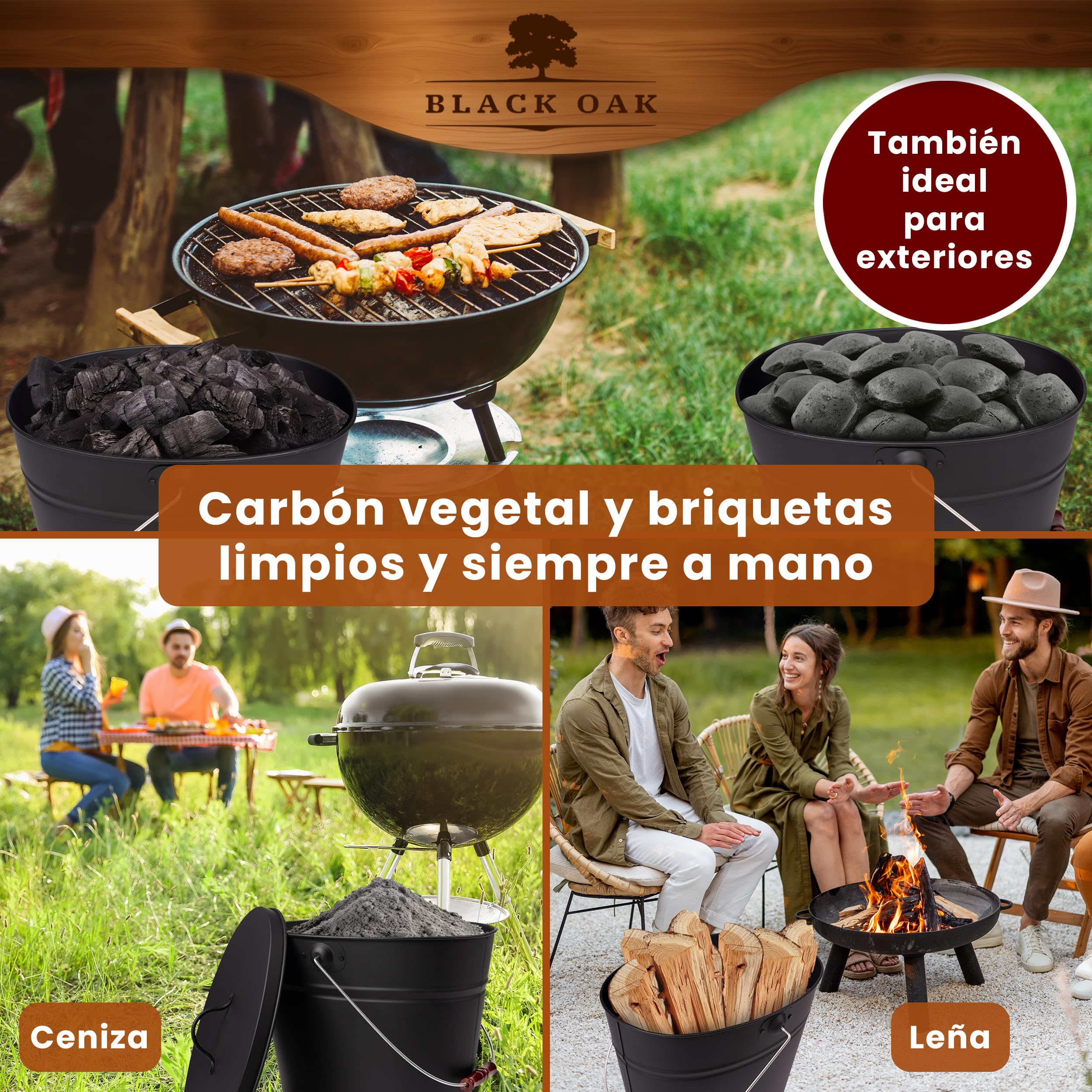 BLACK OAK KATLA - Cubo de cenizas (15 L, tapa negra con botón de madera, grande, 15 L, acero galvanizado, recubrimiento en polvo, cenizas y carbón, accesorio ideal para chimenea, estufa de azulejos,