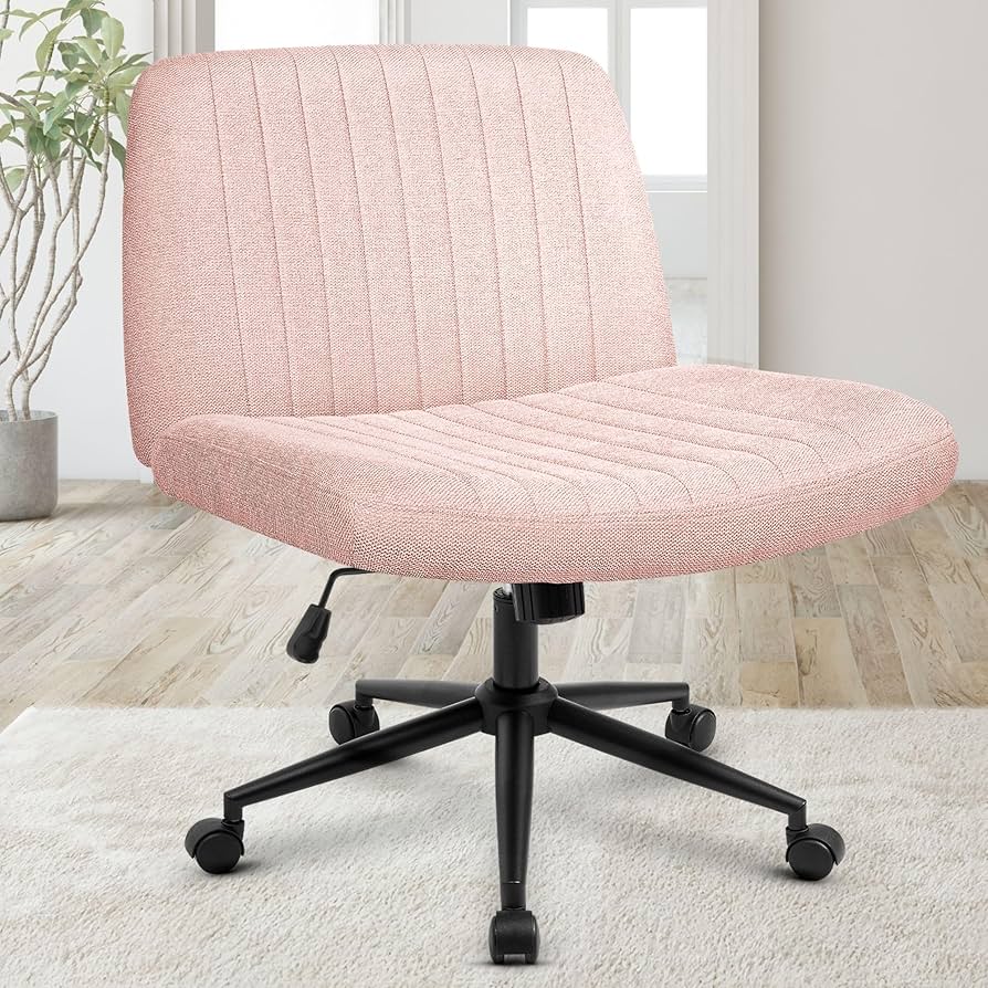 Orange Factory Criss Cross Chair Wheels Wide Cross Legged Office Desk Vanity Dual Base Comfy Fabric Armless Adjustable Swivel for Home Computer Task (Pink)