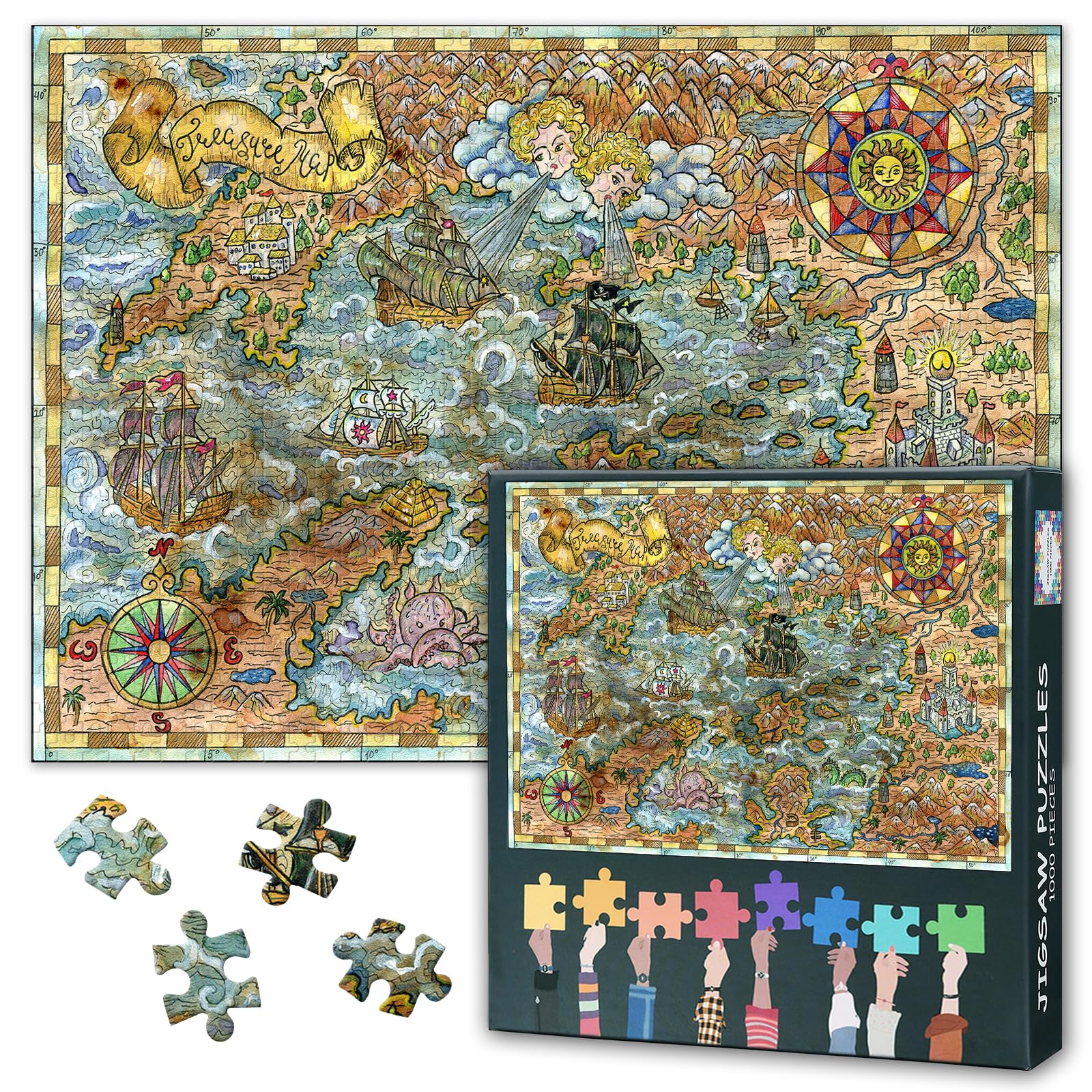 Jigsaw Puzzles for Adults 1000 Pieces, Old Map of Fantasy Lands with Pirate Ships, Monsters, Castles, Treasure Islands 1000 Piece Puzzle, Difficult Impossible, 19.5 x 27.5 Inch