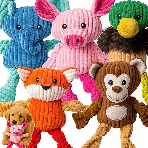 Jalousie Plush Toys Assortment Value Bundle Puppy Pet Mutt Squeak Toy for Medium Large Dogs (5 Pack Knotted) - 5 Pack Knotted