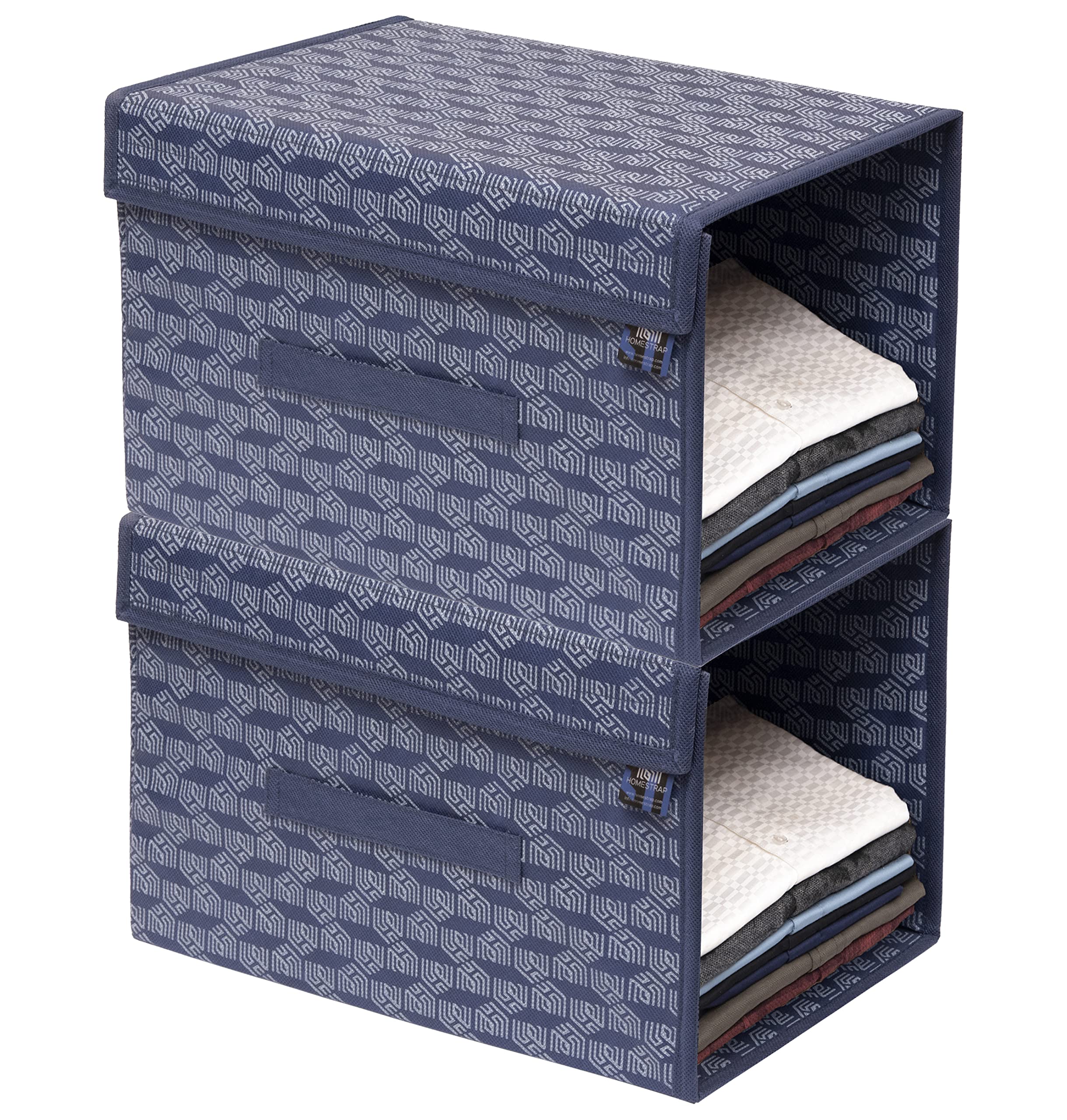 HomeStrap Printed Stackable Shirt Organizer with Cover Lid- Navy Blue Pack of 2(Shark Tank Product)