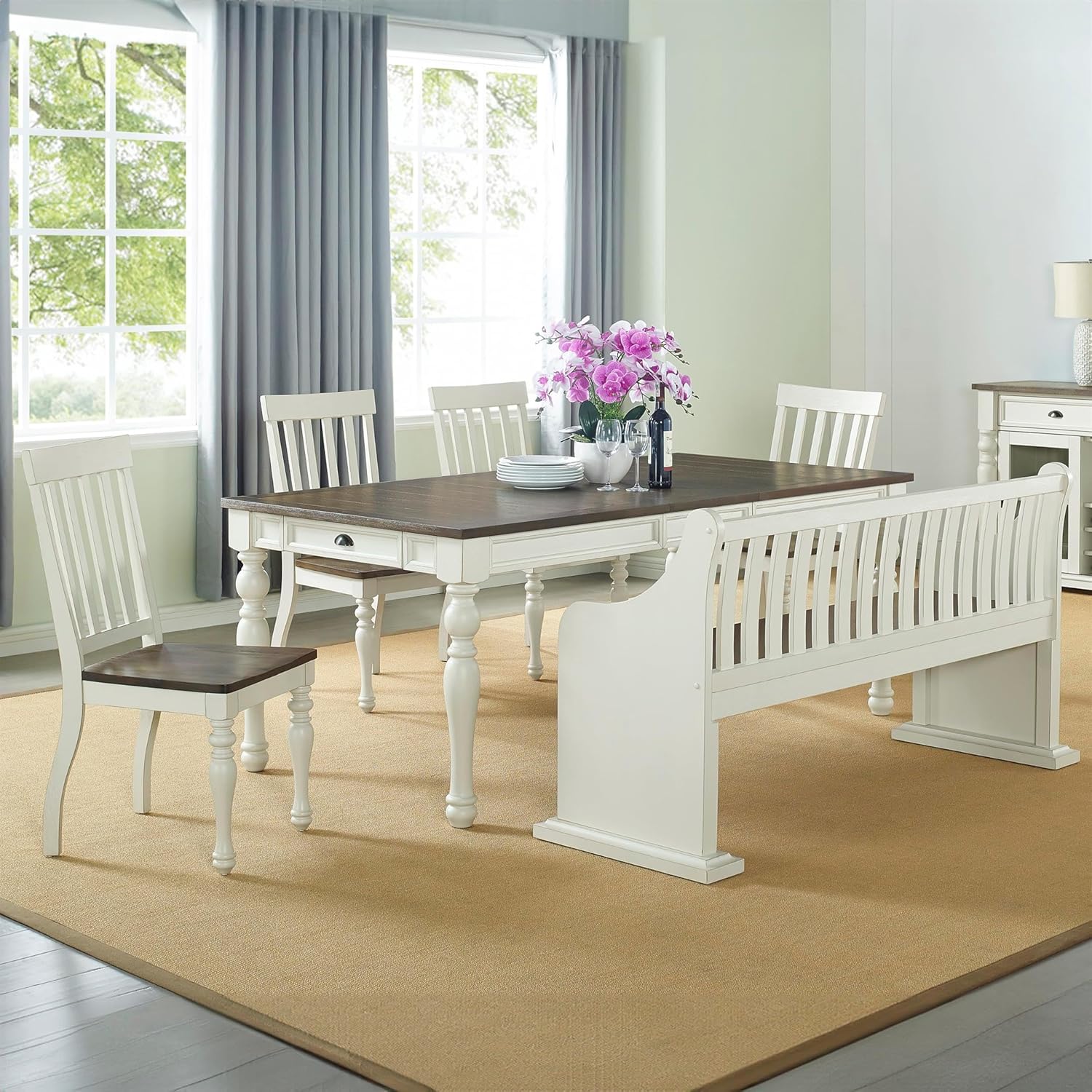 Pemberly Row 6-Piece Dining Table Set, Engineered Wood, White Finish, Extended Table 80 in, Classic Farmhouse Style, Acacia Veneers, High-Back Bench, Dining Room Seating for Family Meals