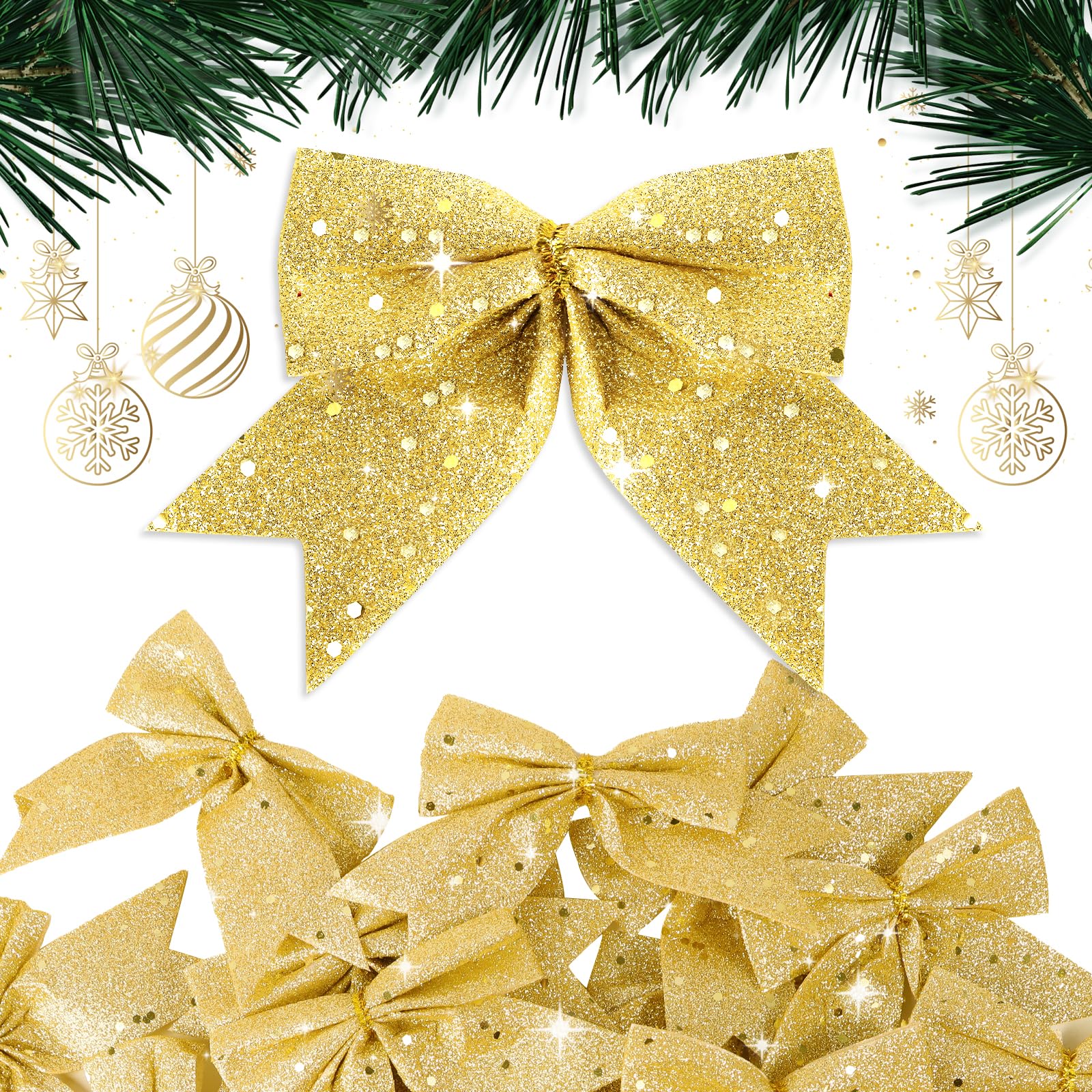 BHGT 24pcs Lazos Navidad Grandes para Árbol de Navidad Dorados con Purpurina 10cm Decoración Navidad Regalo Adornos Colgantes Navideños
