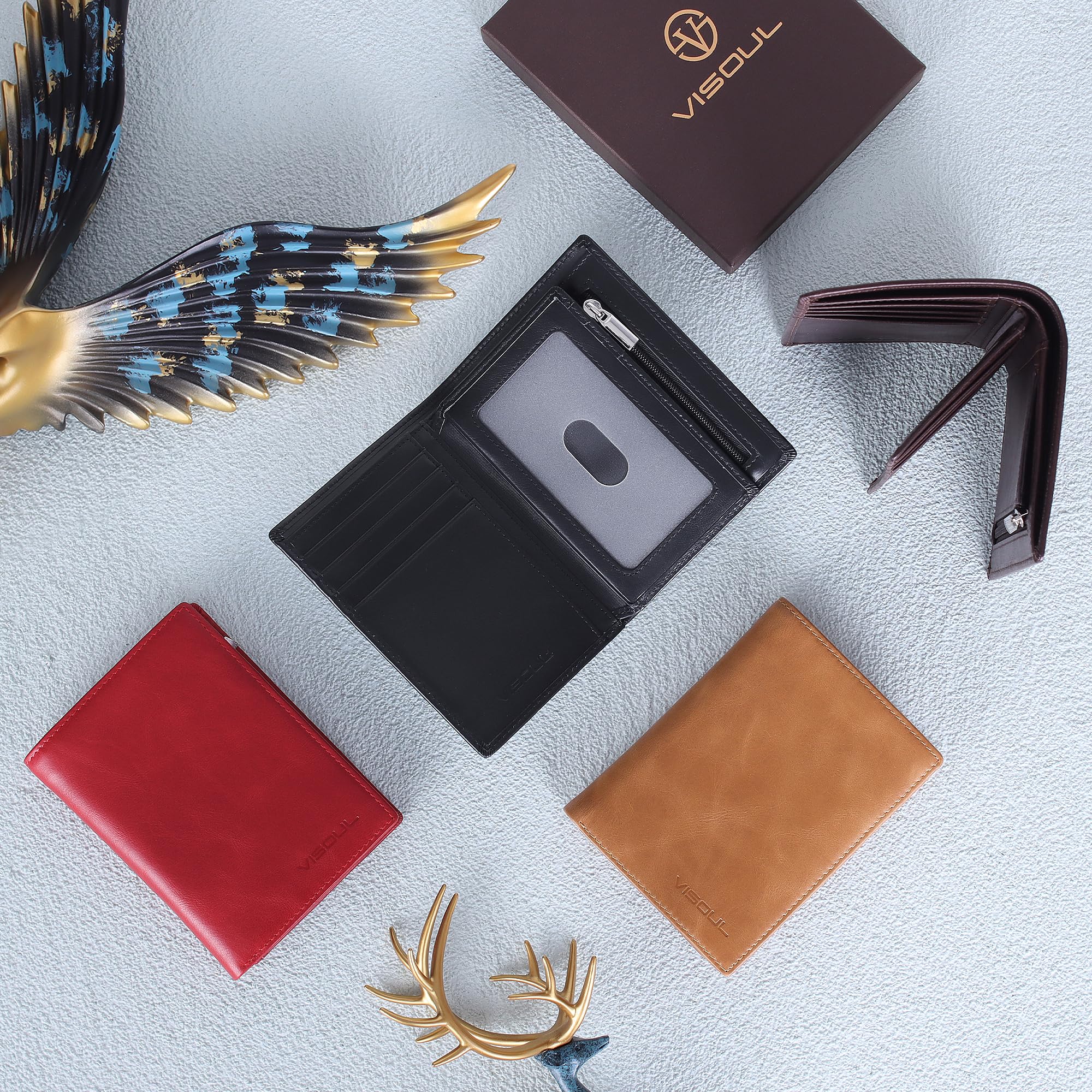 VISOUL Cartera de Piel Auténtica para Hombre con Protección RFID, Billetera Bifold Vertical de Piel, Monedero Cuero con Cremallera, 11 Ranuras para Tarjetas y 1 Compartimento para Billetes-Negro