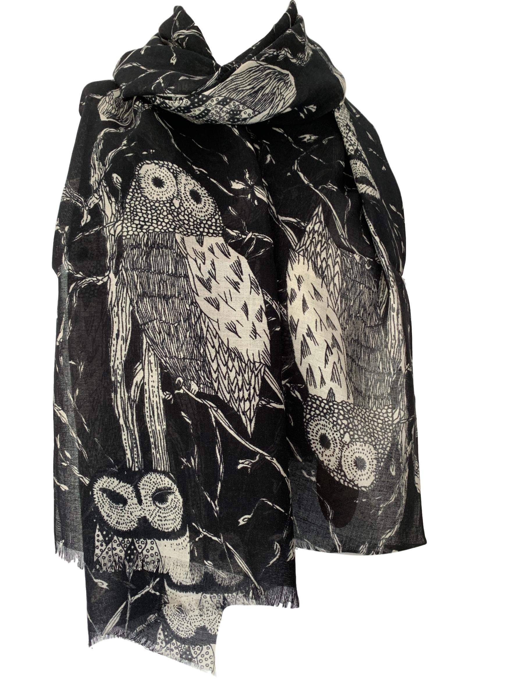 Purple Possum Women's Black, Grey Owl Scarf Black Grey Owls Cotton Blend Fair Trade Bird Shawl