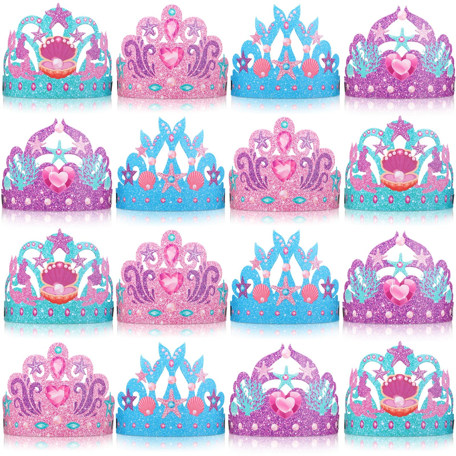 Fumete 16 Pack Party Favor Hats: Colorful Paper Crowns with Headbands for Girls' Under the Sea Mermaid Birthday Party Decorations, 4 Styles