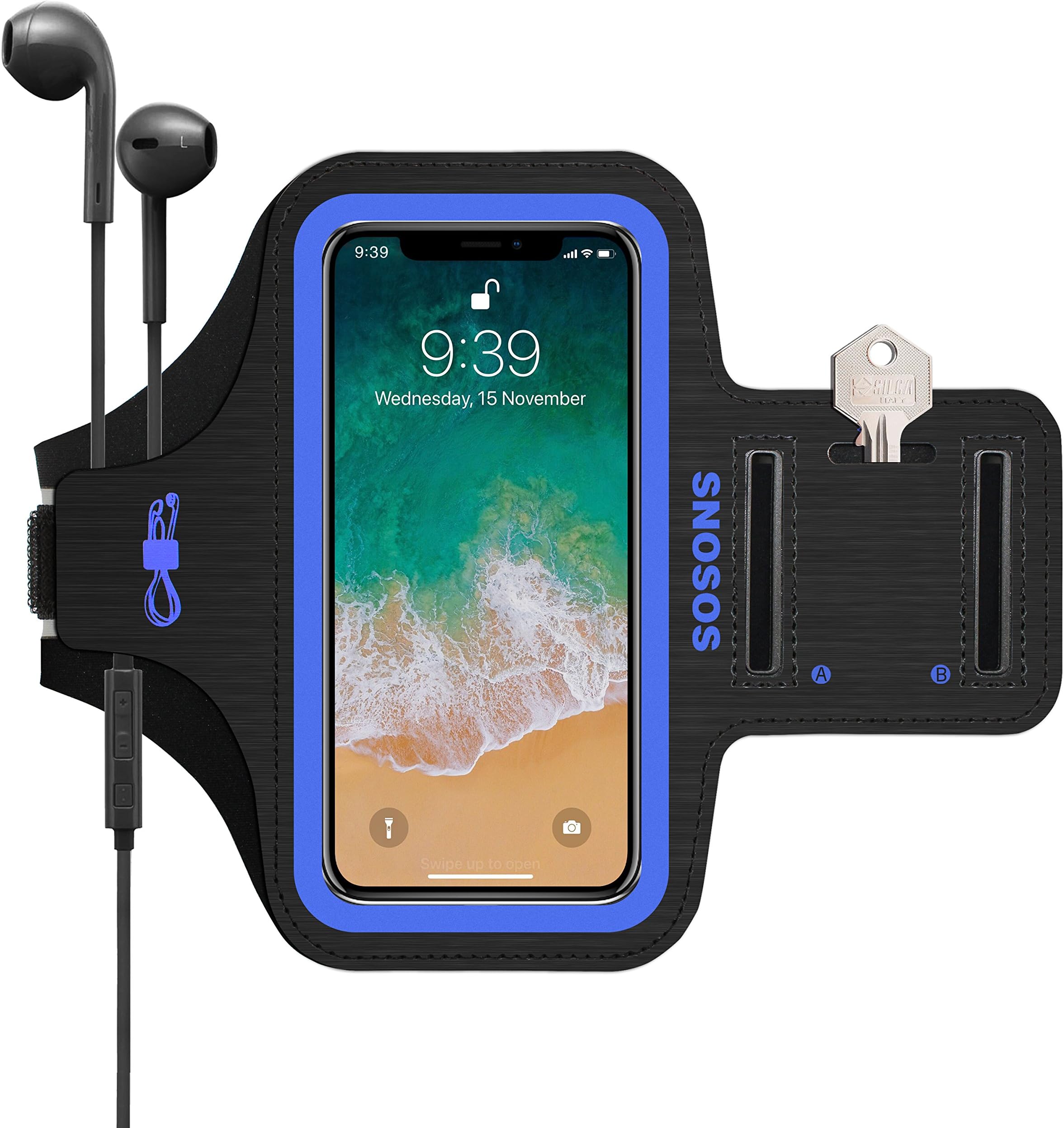 iPhone X/XS Armband,SOSONS Water Resistant Sports Gym Armband Case for iPhone X/XS.Fingerprint Touch Supported and Fits Smartphones with Slim Case,Armband with Card Pockets,Key Slot-Blue