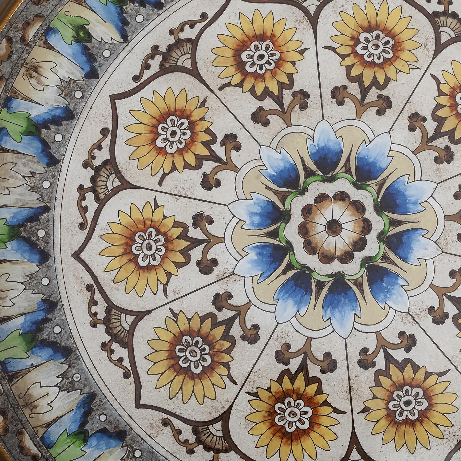 NOVICA Artisan Handmade Reversepainted Glass Tray Andean Sunflower Theme Yellow Blue Glasswood Peru Tableware Serveware Trays Floral [2.6in H x 15.75in Diam.] ' Blue Andean Mandala'