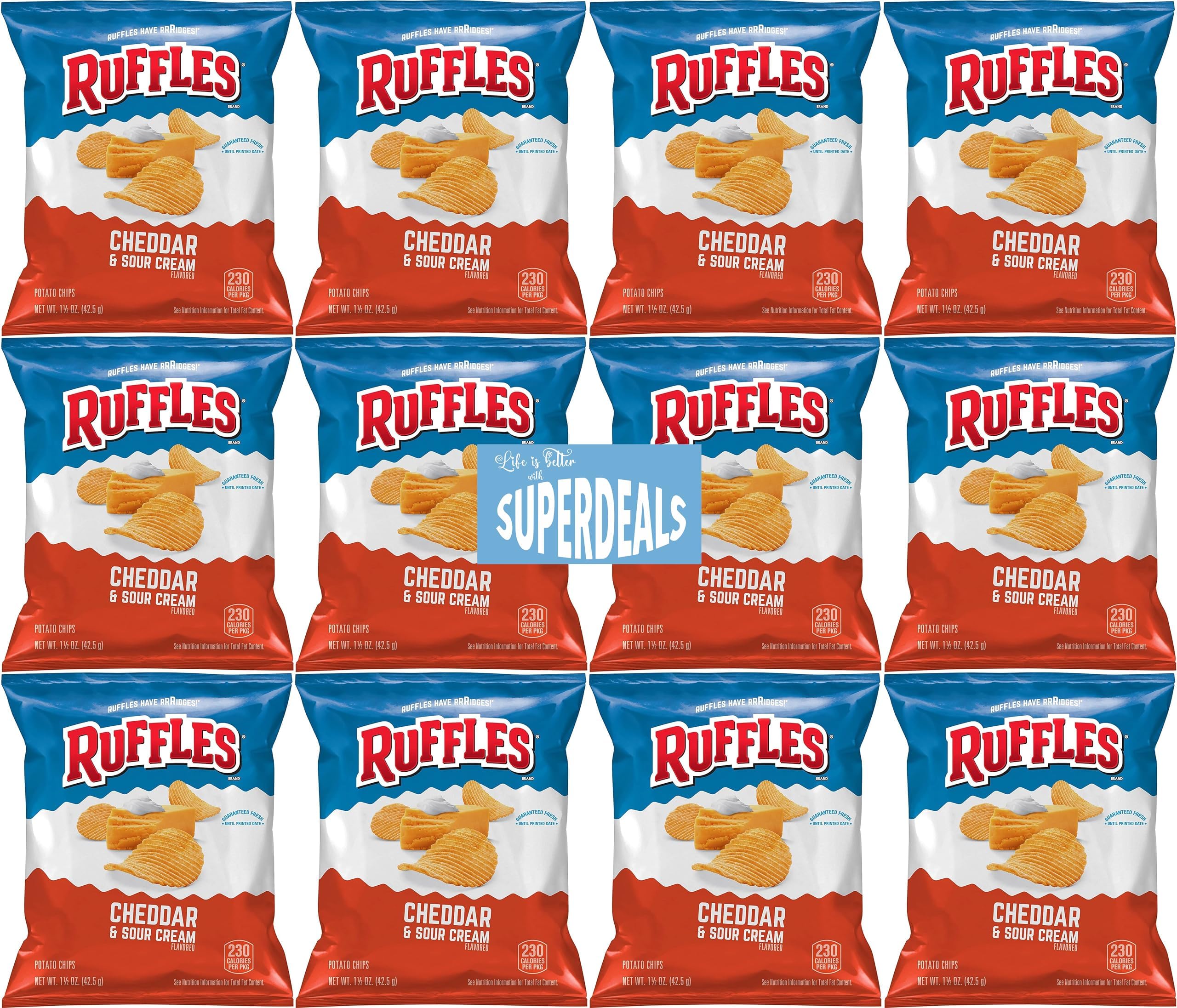 Ruffles Potato Chips, Cheddar Sour Cream, 1.5 Ounce Bag (Pack of 12) Value Pack Bundled by SUPERDEALS with Mystery Gift