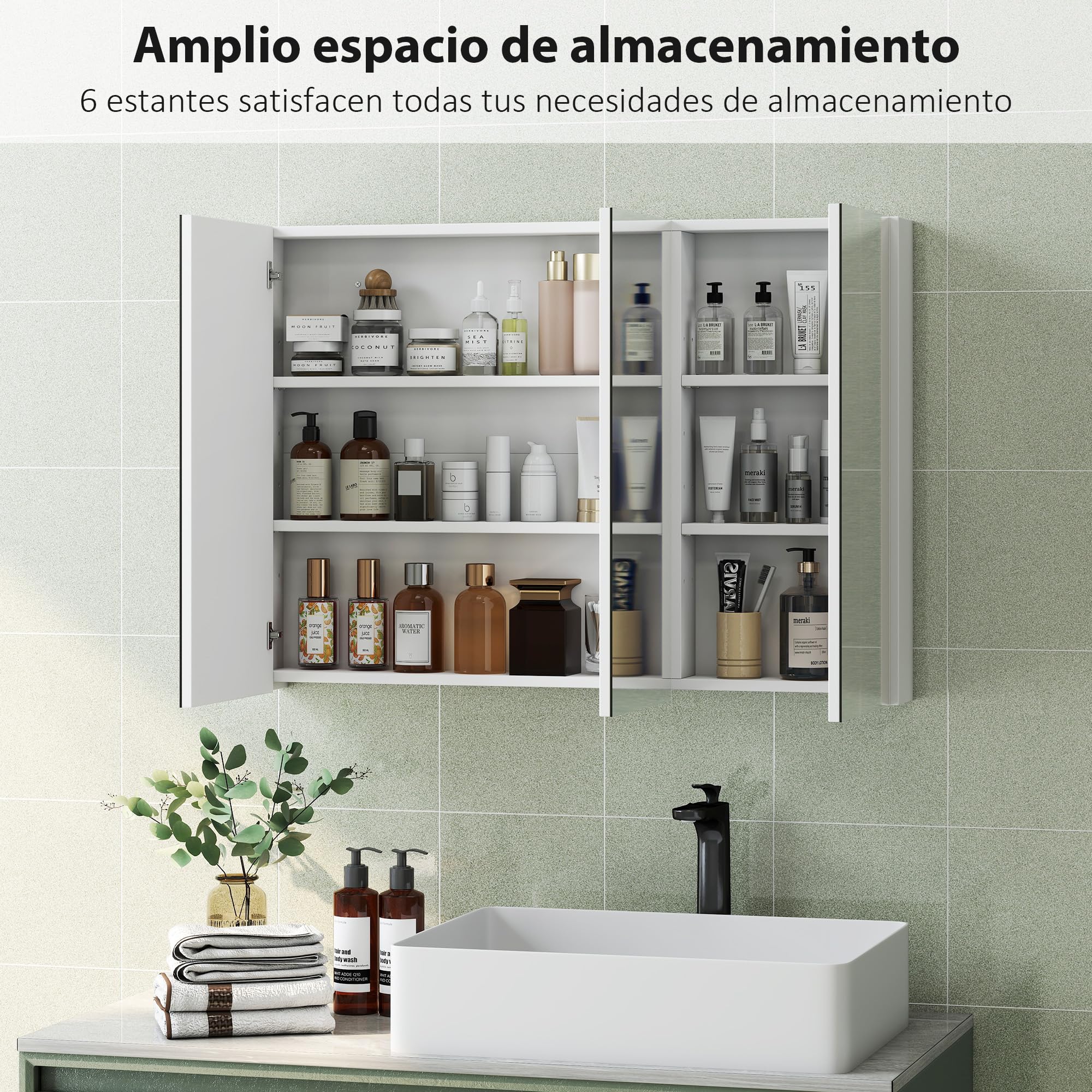HOMCOM Armario de Baño con Espejo Armario de Pared para Baño de Colgar con 3 Puertas y Estantes Regulables 91,5x11,5x65 cm Blanco