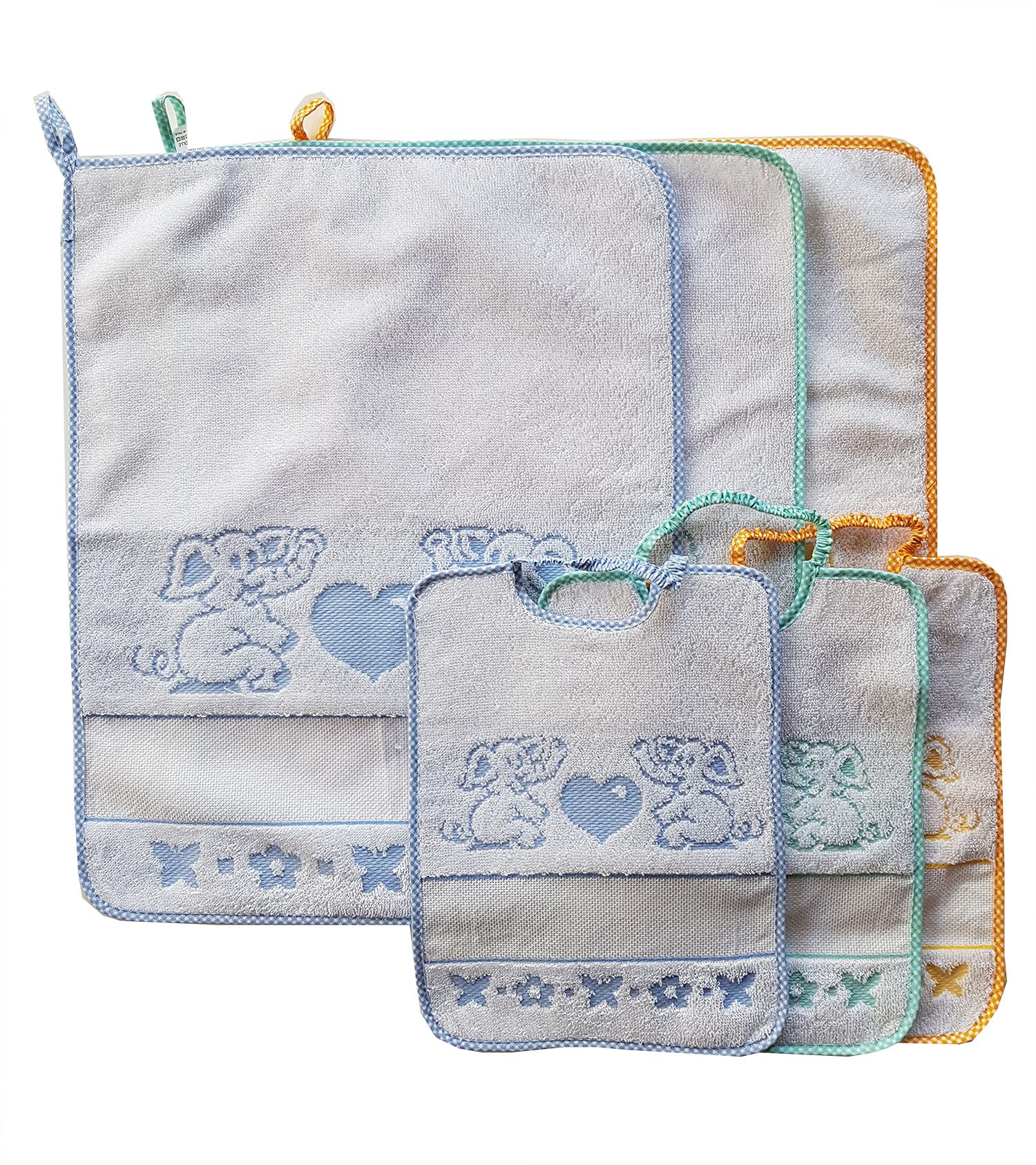 OM DOLCE CASA Set 3 Bavaglini + 3 Asciugamani Elefante 100% Cotone Tela Aida Ricamo Asilo Scuola Materna Bambino