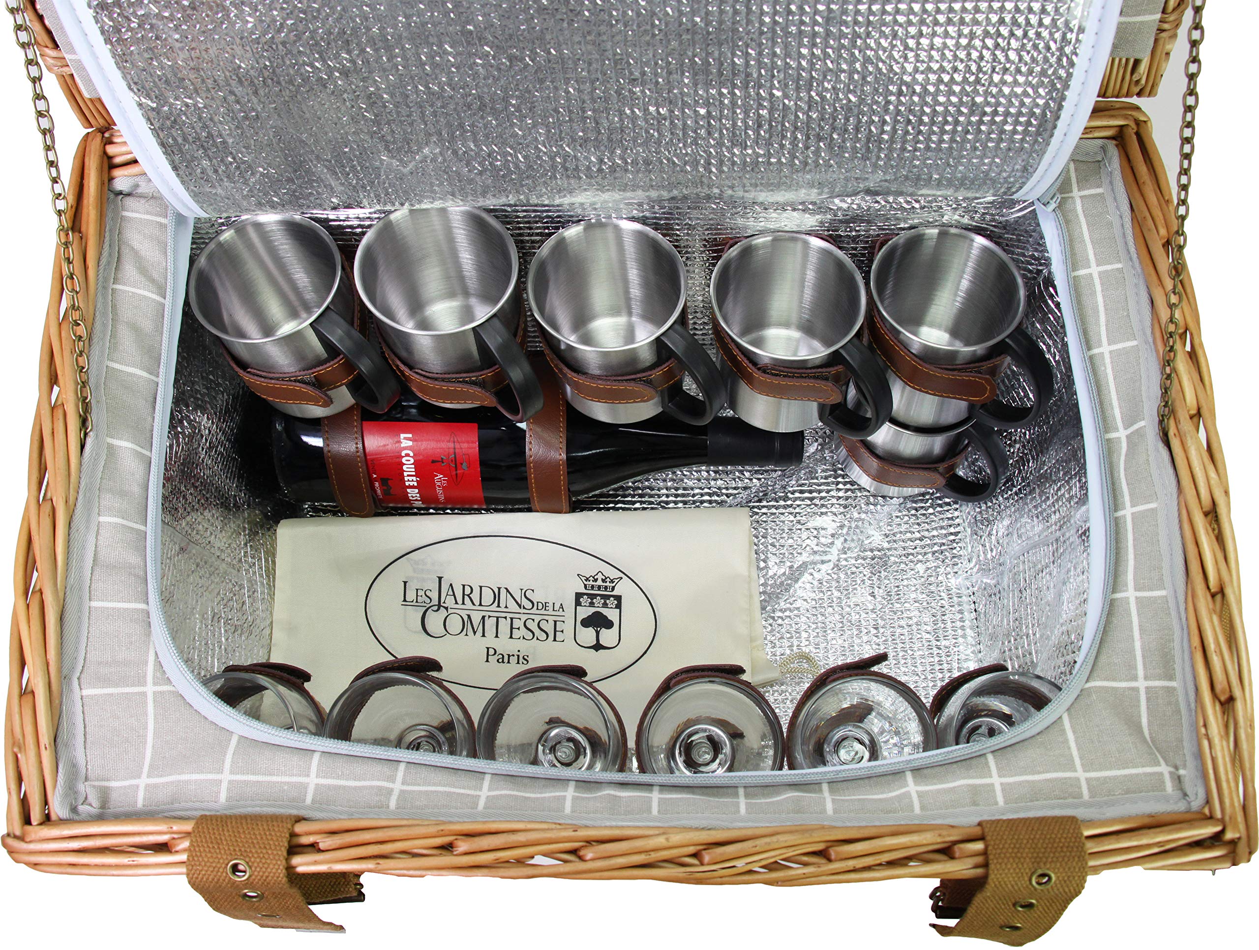 Les Jardins de la Comtesse - Panier Pique-Nique Concorde en Osier - 6 Personnes/Glacière Isotherme/Assiettes/Verres à Vin/Timbales en Aluminium - Tissu Couleur Blanc et Gris - 50 x 35 x 26 cm