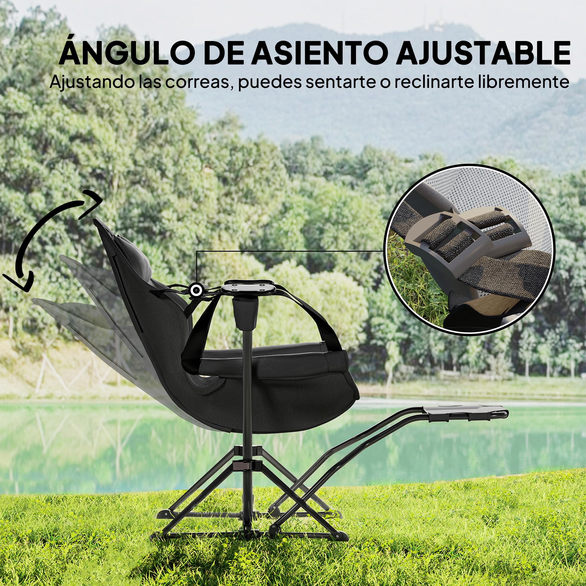 Outsunny Mecedora Jardín Exterior con Reposapiés Pack 2 120 kg Negro | Silla Plegable de Camping, Reposacabezas, Portavasos, Bolsillos, Bolsa de Transporte, para Playa Camping Pesca