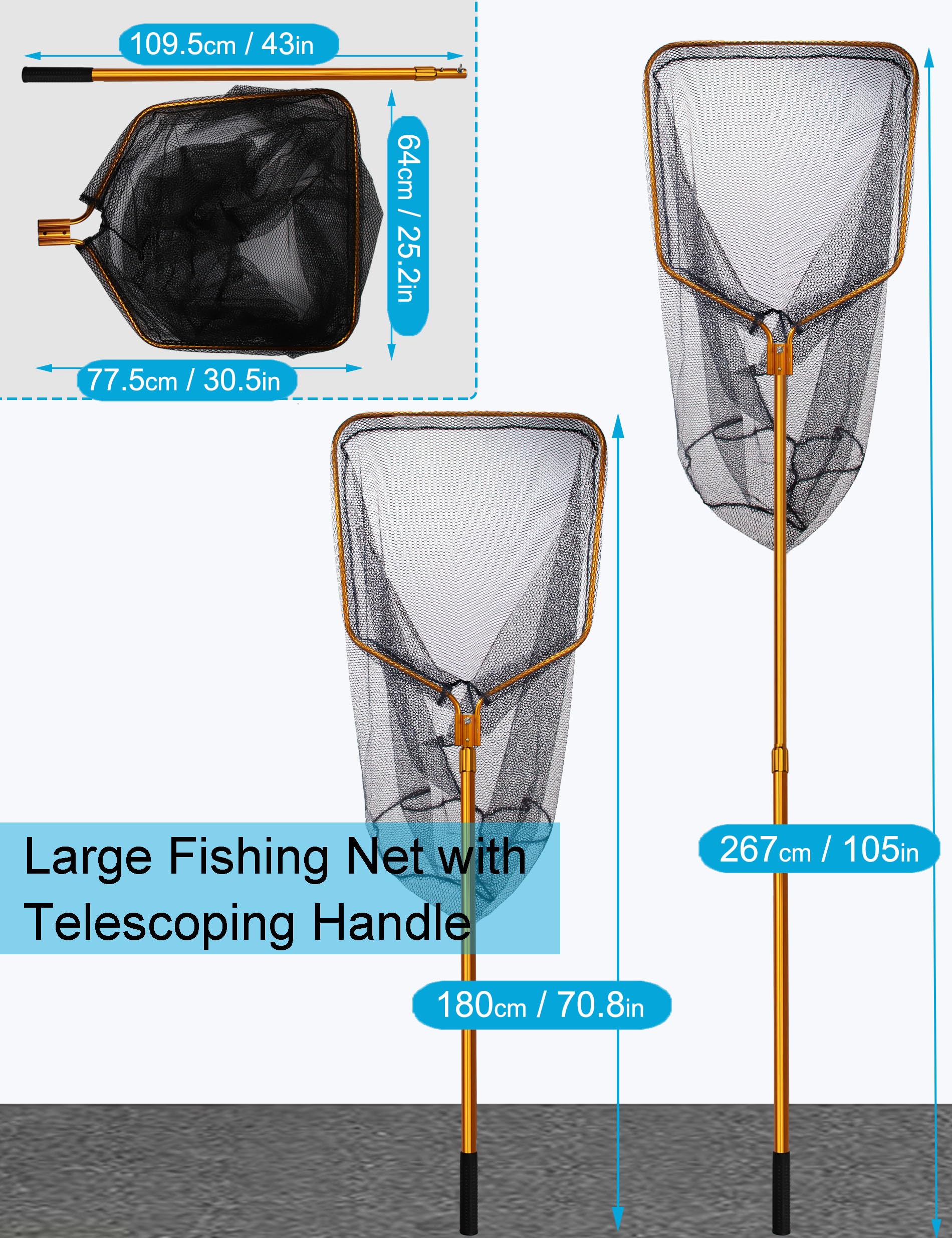 Beoccudo Large Saltwater Fishing Net Rubber Fishing Nets with Telescoping Handle Big Fish Landing Nets Kayak Fishing Net with Carrying Bag Catch & Release Net Extends to 70.8-105in, Net Depth 37in