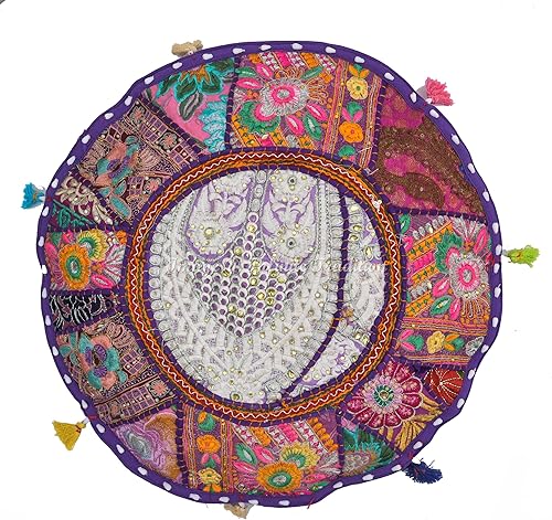 Funda de almohada redonda india de 17.7 x 17.7 in, diseño de retazos bohemios, color morado, fundas de almohada pequeñas de 18 x 18 pulgadas, funda