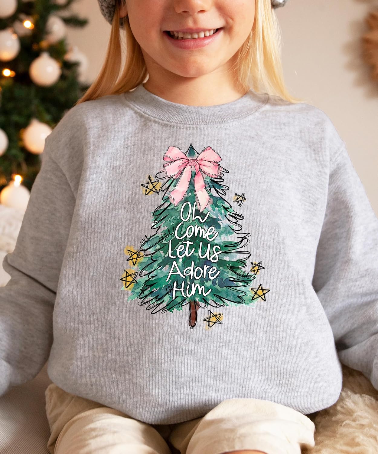 Christmas Tree with Pink Bow Topper Sweatshirt Oh Come Let Us Adore Him Pullover