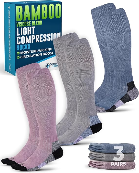 Doctor's Select Bamboo Viscose Light Compression Socks for Women & Men - 3 Pairs, 8-15 mmHg Compression Socks, Knee High