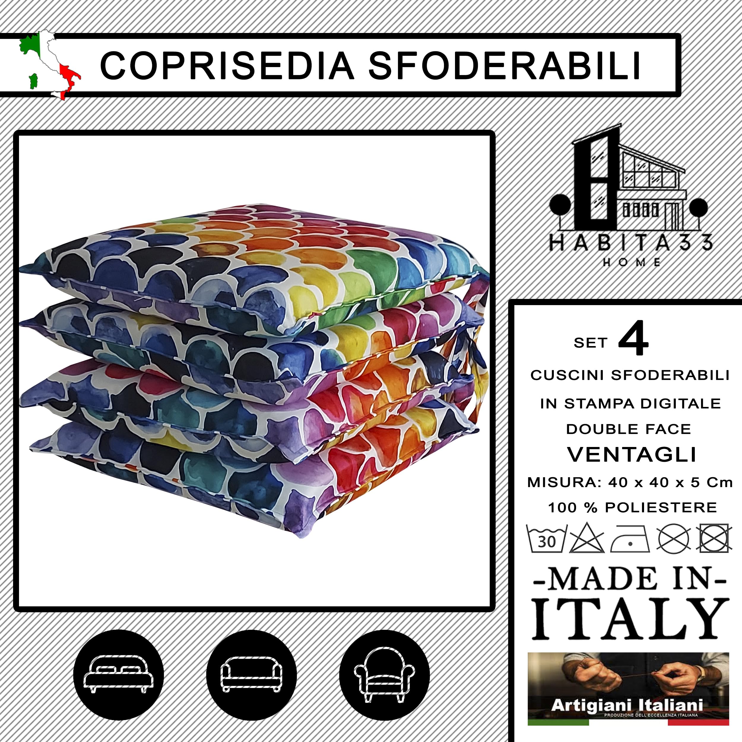 Cuscini Sedie Cucina Set da 4, 40x40 cm, Coprisedia con Laccetti, Sfoderabili, Made in Italy
