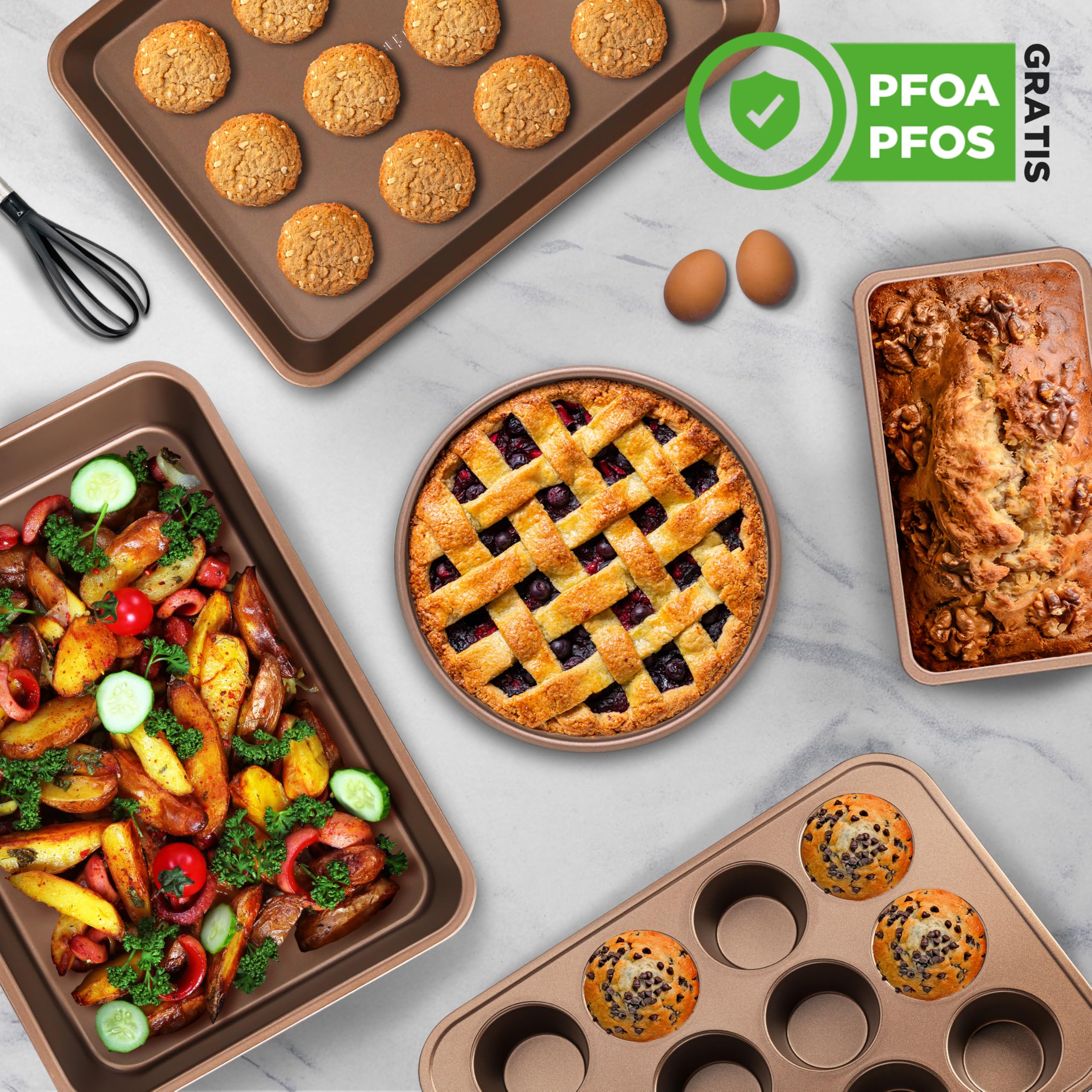 Nutrichef Bandejas Horno, Set de 6, Incluye: Bandejas para Galletas, para Asar, Molde para Magdalenas, Pan y Pasteles, Mangos de Silicona, Apilables, Acero al Carbono Resistente, Antiadherentes