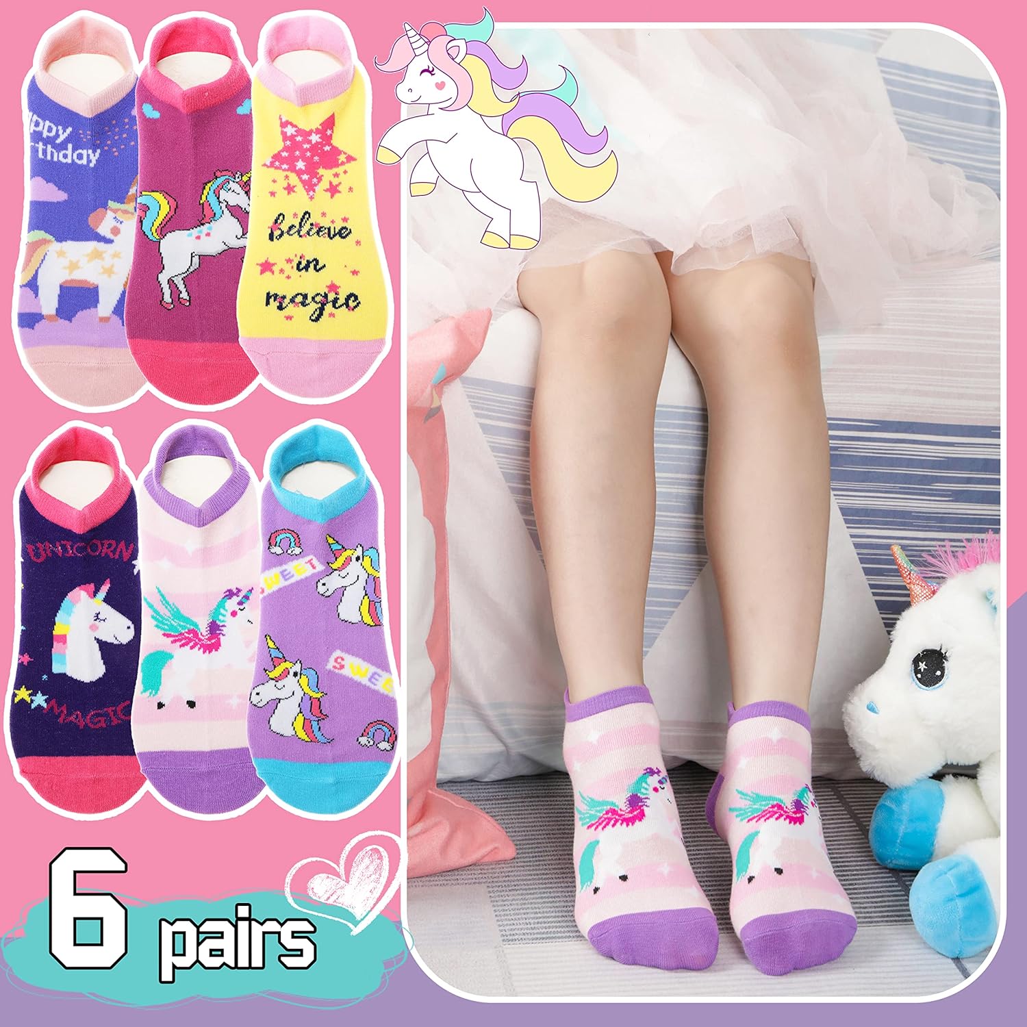 ANTSANG Kids Girls Toddler Unicorn Ankle Socks Cute Silly Cartoon No Show Funny Novelty Fashion Cotton Socks 6 Pairs - Image 3