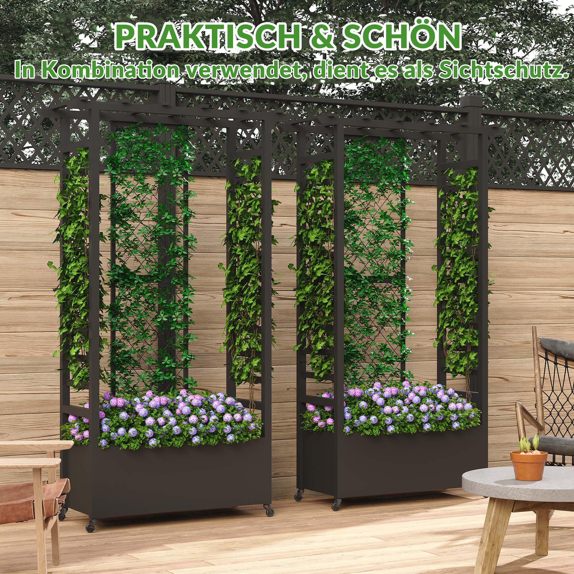 Hochbeet mit Rankgitter und Hängedach, wetterfester Metall-Pflanzkasten mit 4 Rollen und 2 seitlichen Rankgittern für Kletterpflanzen, mobiler Sichtschutz für Terrasse, Balkon und Garten