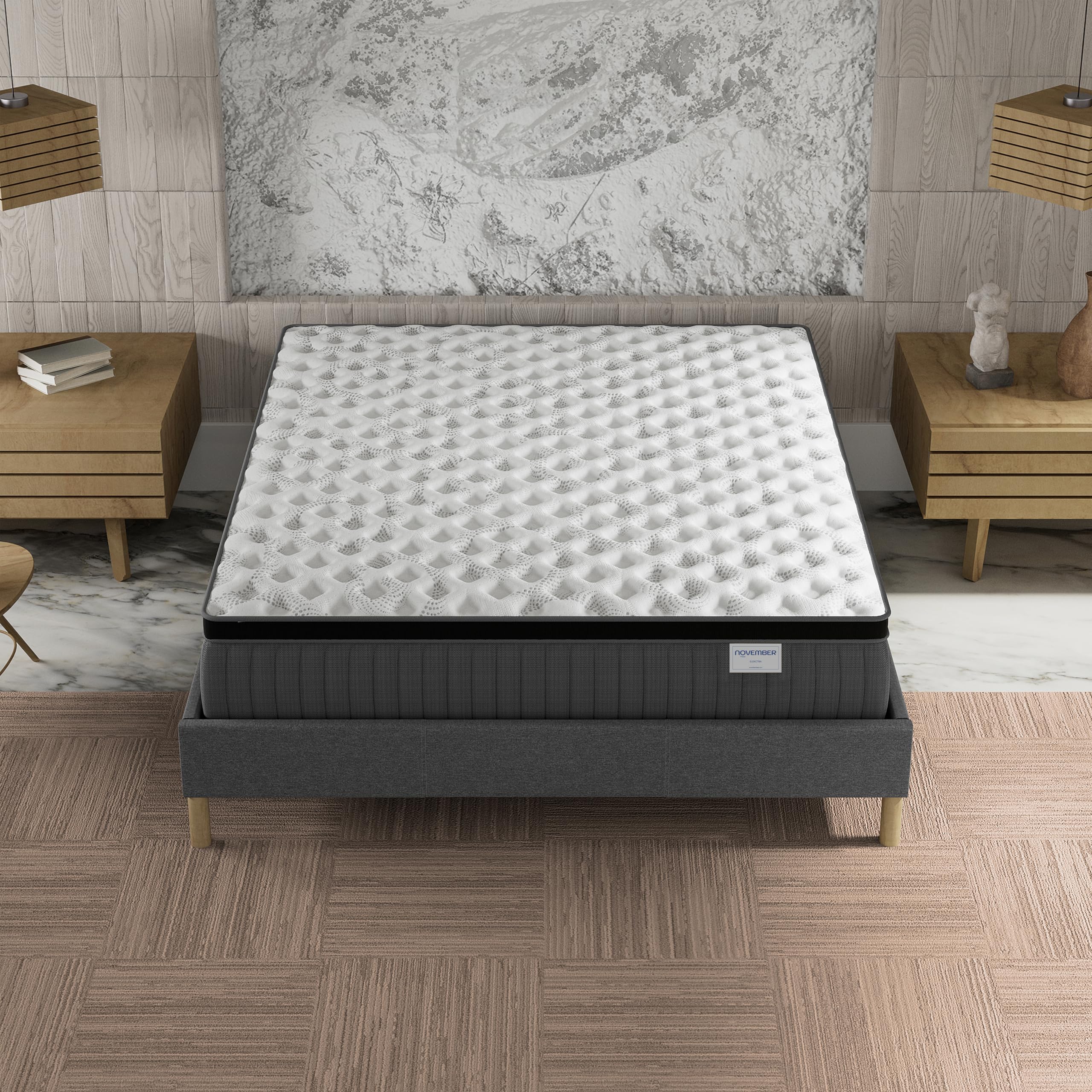 NOVEMBER- Ensemble Matelas + sommier (160 x 200cm)- Matelas Elekctra Ressorts ensachés & mémoire de Forme d’épaisseur 30cm + Sommier Bois Stable & Robuste revêtement Tissu Gris