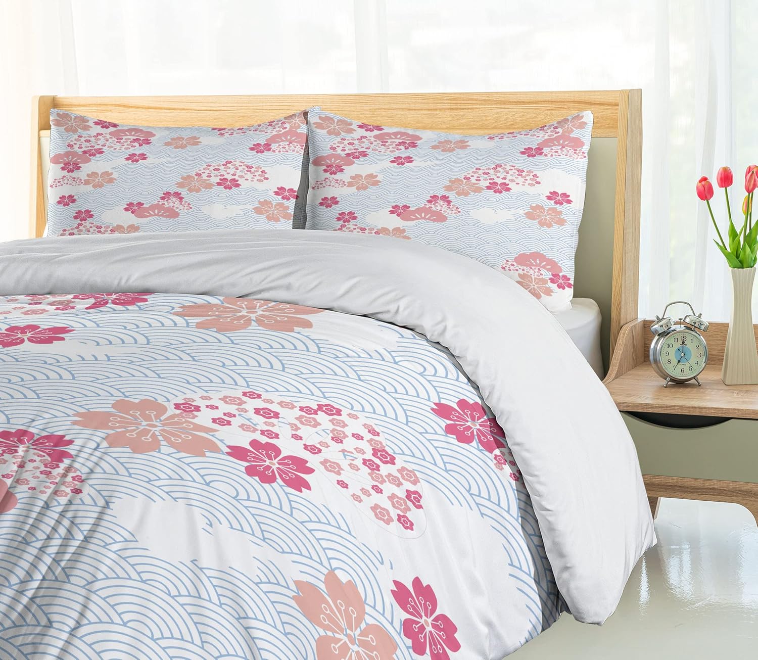 Ambesonne Japanese Duvet Cover Set, Squama Cherry Blossom Land of The Rising Sun Pattern, Decorative 2 Piece Bedding Set with 1 Pillow Sham, Twin Size, Dark Coral Pale Blue Twin Dark Coral Pale Blue