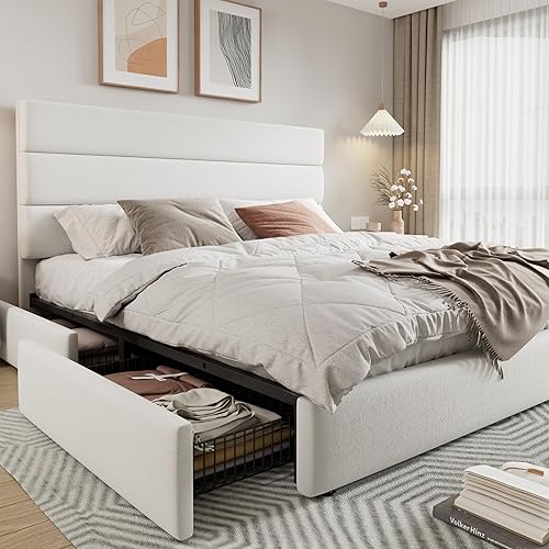 Allewie - Base de cama moderna tamaño King con plataforma, 4 cajones de almacenamiento y cabecera tapizada en terciopelo, soporte de listones de