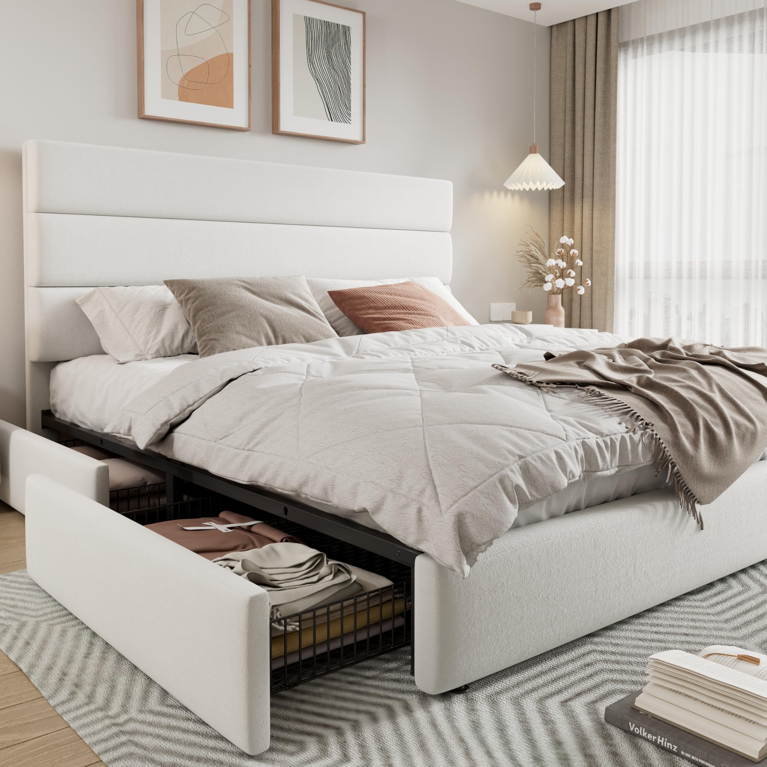 Allewie Modern King Size Platform Bed Frame with 4 Storage Drawers and Velvet Upholstered Headboard Wooden Slats Support