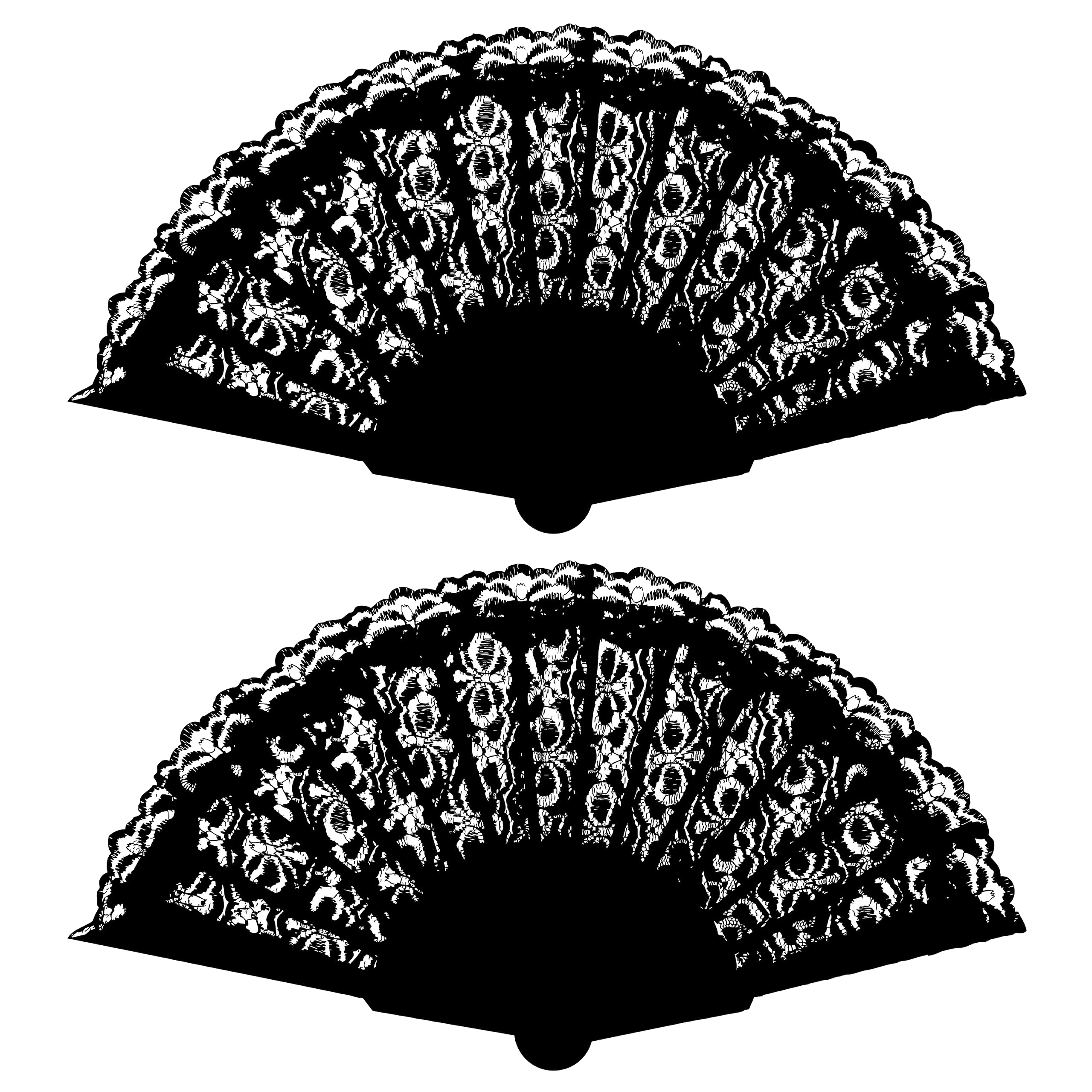 Lizzy 2x Black Lace Spanish Fan | One Size Foldable Lace Hand Held for Wedding Party Halloween Fancy Dress Costume Accessory | 45 x 25cm