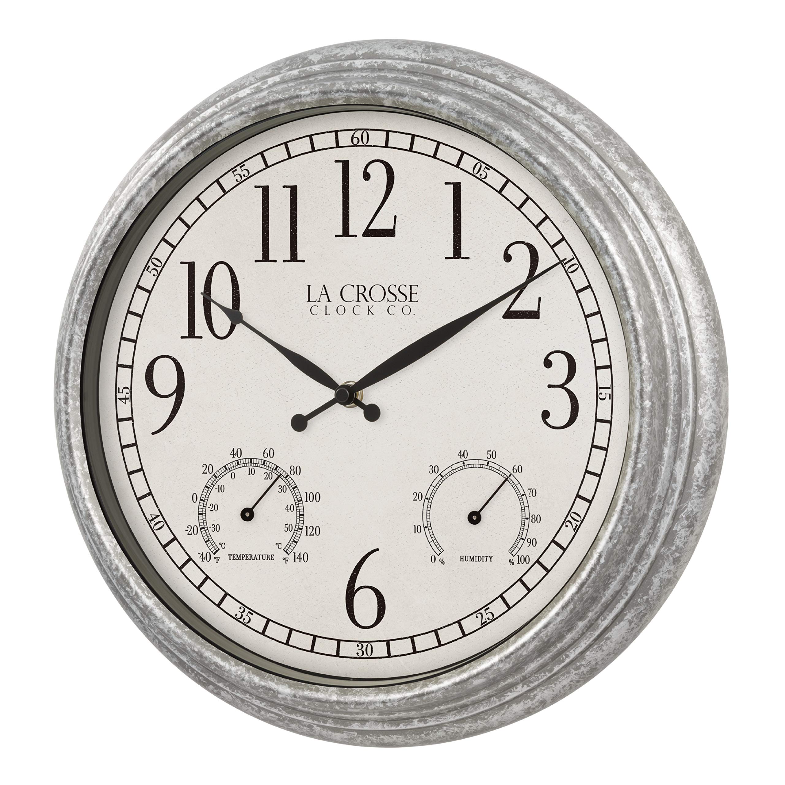 La Crosse 433-3236 14-inch Silas Indoor/Outdoor Galvanized Analog Quartz Wall Clock, Silver