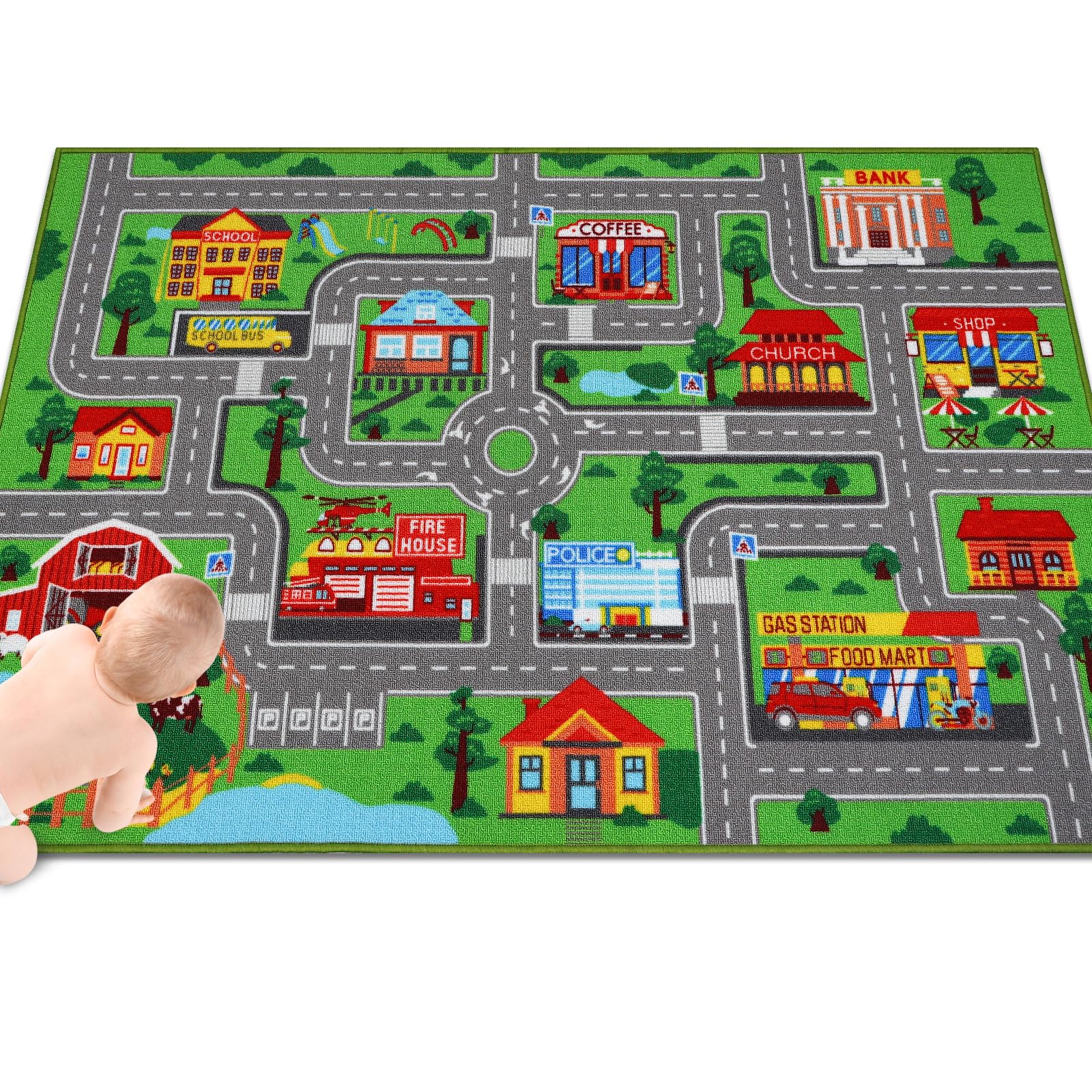 Kids Carpet Playmat Rug 59"x39.4", Car Rug for Kids Cars, Non-Slip Town City Road Map Kids Rugs for Playroom Bedroom Boys, Kids Cars Play Mat Track Road Rugs for Kid(59X39.4Inch,Green)