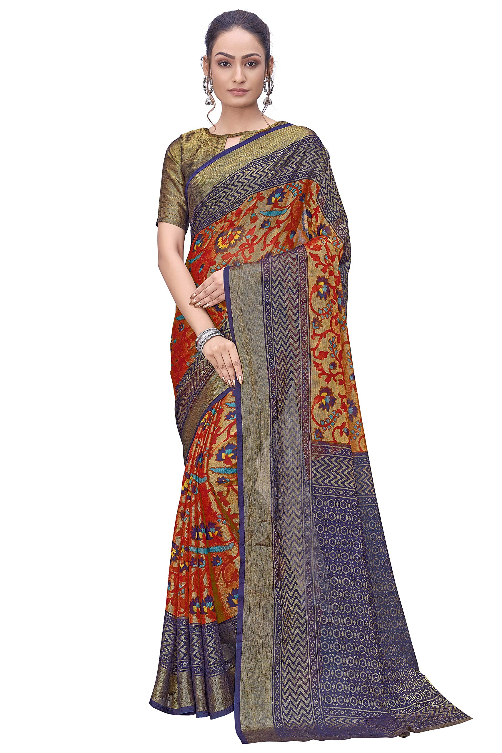 Glory Sarees Women's Brasso Saree With Blouse Piece (Gs_Brasso_Saree104_Red)