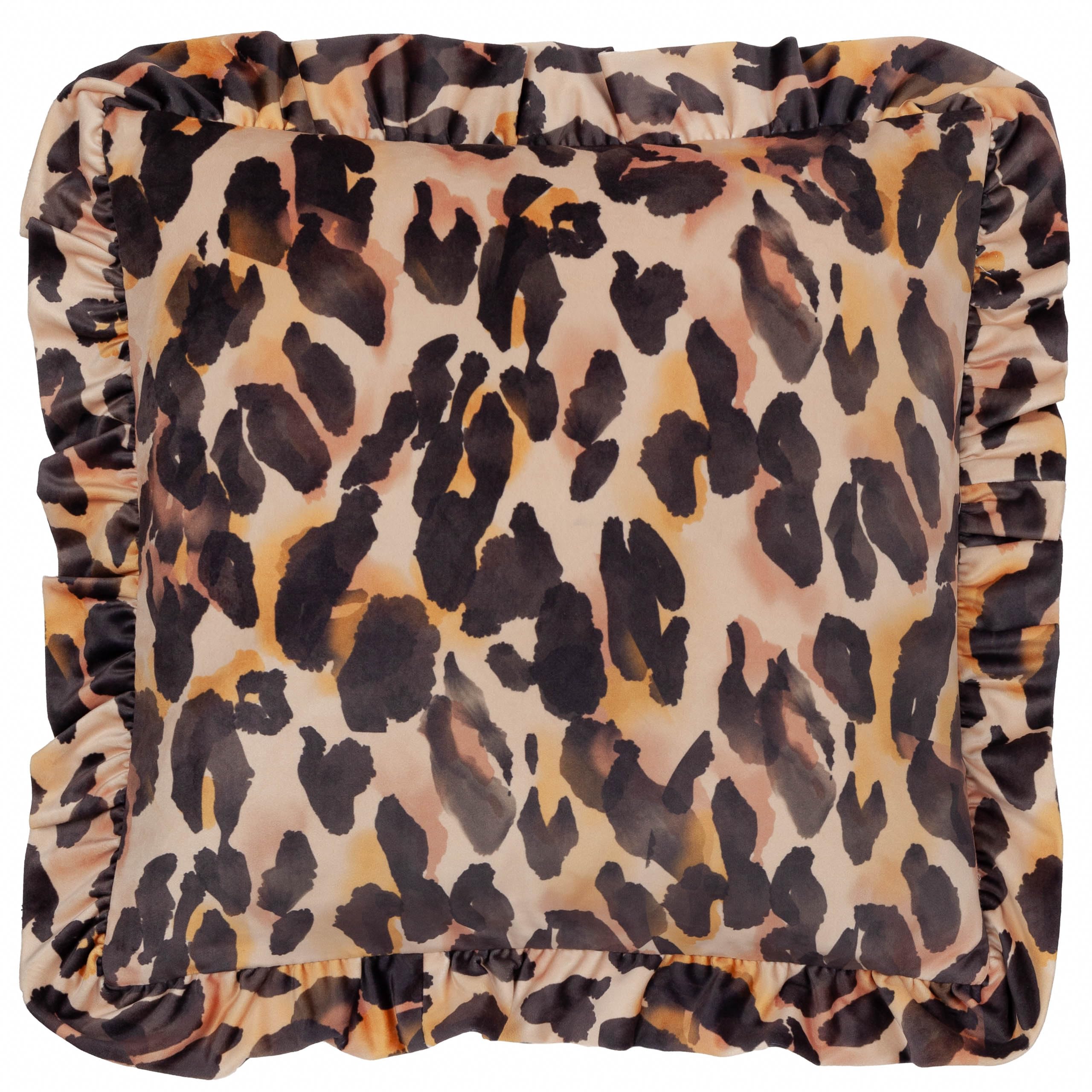furn. Leopard Printed Velvet Ruffle Polyester Filled Cushion - Multicolour - 45x45cm