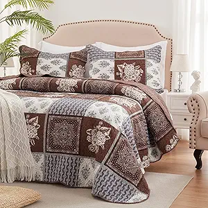 LEAONME 3 Pieces California King Size Quilt Set Brown Oversized 120x120 Inch Bedspread Coverlet Lightweight Microfiber Patchwork Bed Cover for All Seasons (1 Quilt, 2 Pillow Shams)