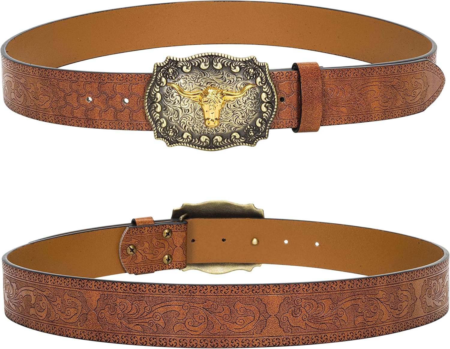 YCMI Western Cowboy Belts for Men Women - Bull Buckle Vintage Floral Engraved Belt for 28" to 40" waist - Image 6