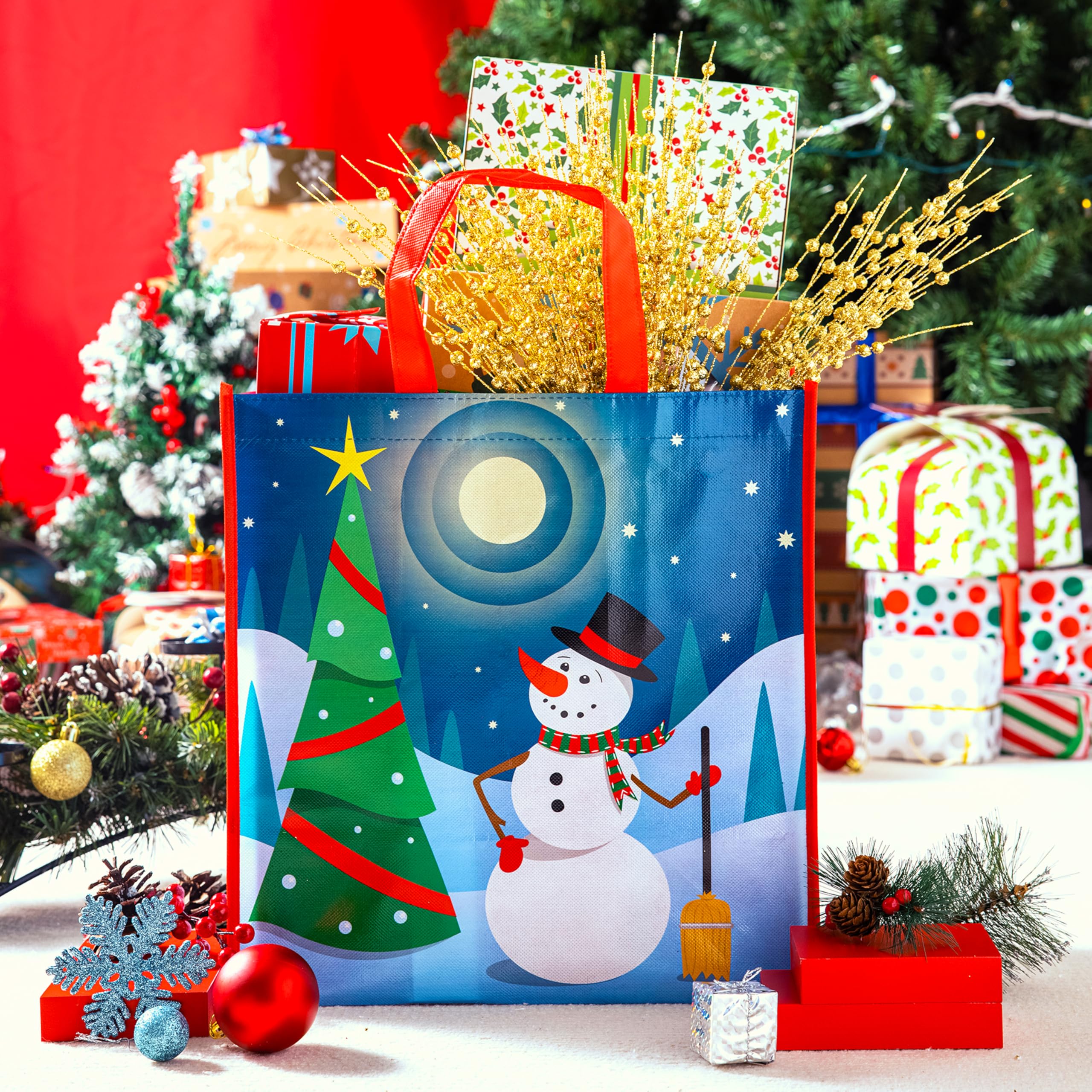 JOYIN 12 Bolsas de Asas Grandes Navideñas de 34 x 35cm Bolsas Reutilizables para Compras Navideñas, Bolsas de Regalos para Fiestas de Navidad