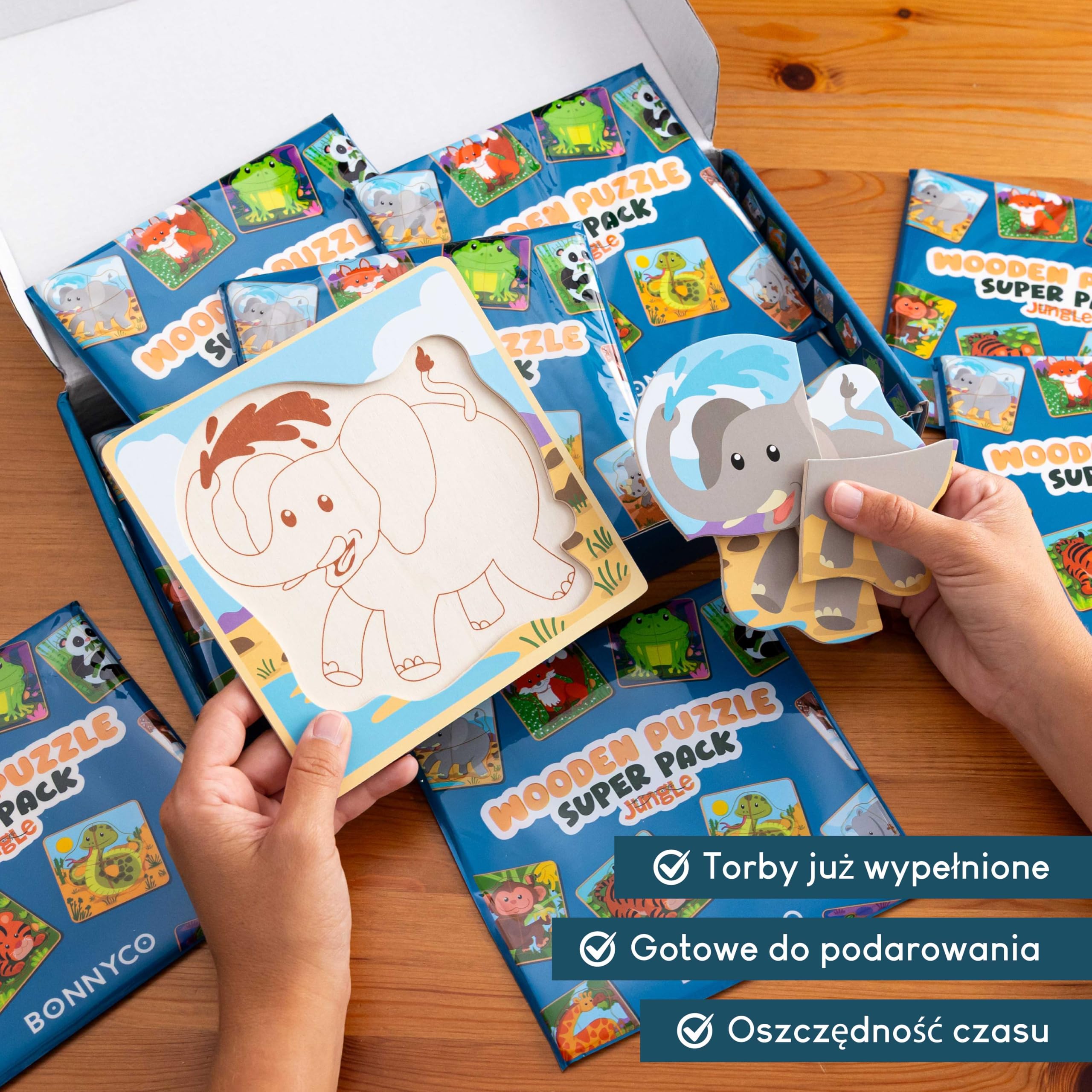 BONNYCO Zestaw 4 Drewnianych Puzzli - 16 Upominków do Toreb na Przyjęcia dla Dzieci w Wieku od 1 do 5 lat. Pomysły na Prezenty Urodzinowe Zabawki Maluchów Nagrody Klasowe Niemowląt