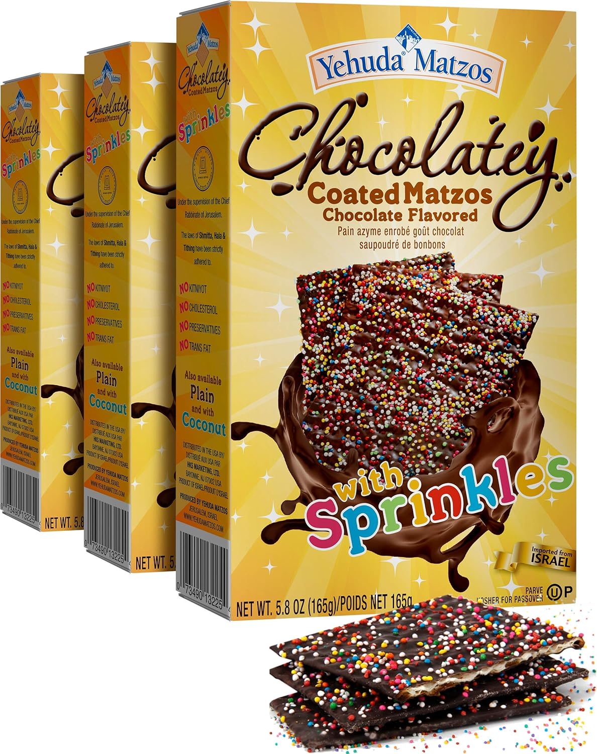 Yehuda Chocolate Covered Matzo with Colored Sprinkles, (3 Pack) Fun Matzo, Great for Kids!