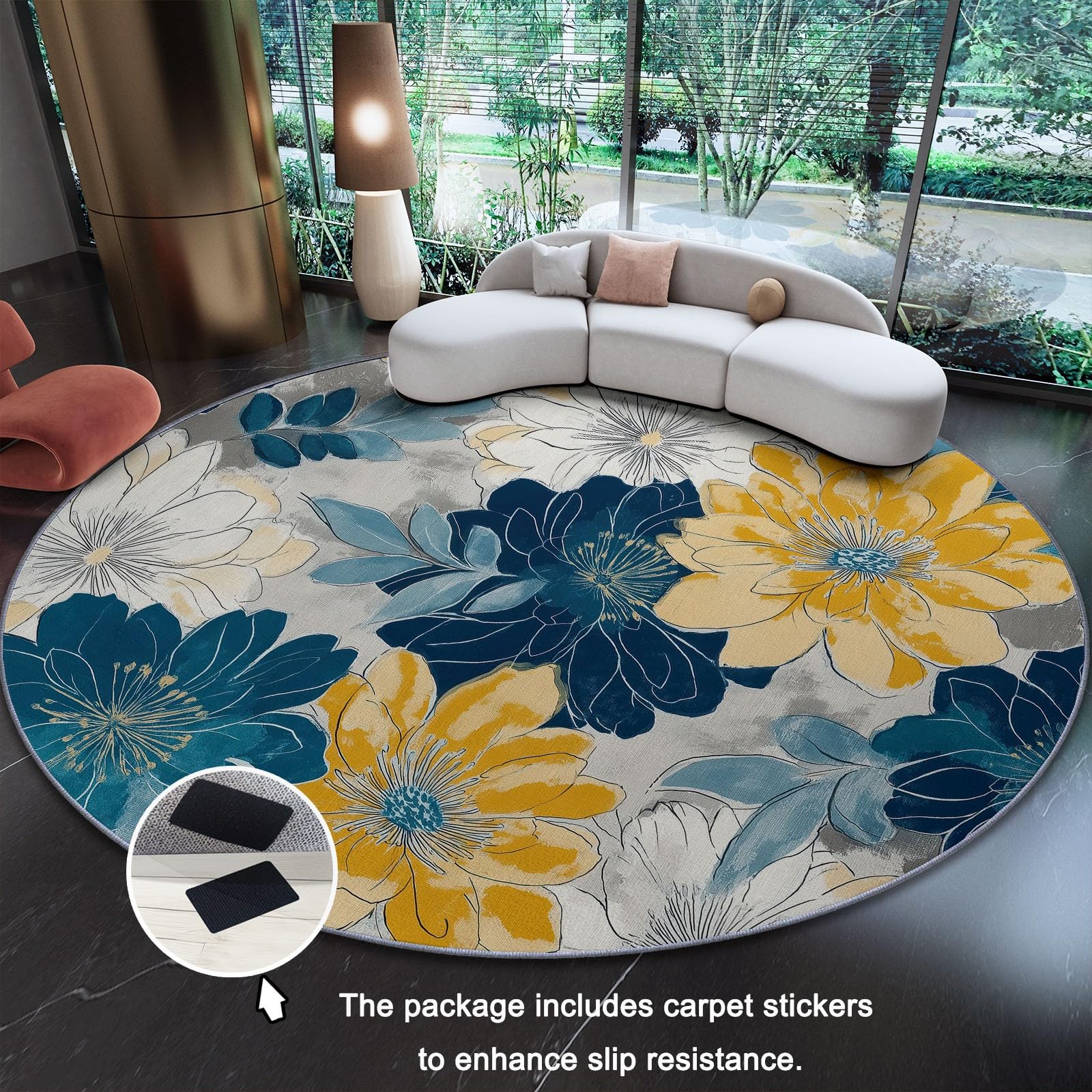 Teppich Rund 150 cm Elegant Retro Blumen, rutschfest Teppiche Wohnzimmer Runder - Waschbar Rund Teppiche Kurzflor Weich Runder Teppich Senfgelb Blau for Schlafzimmer Studie